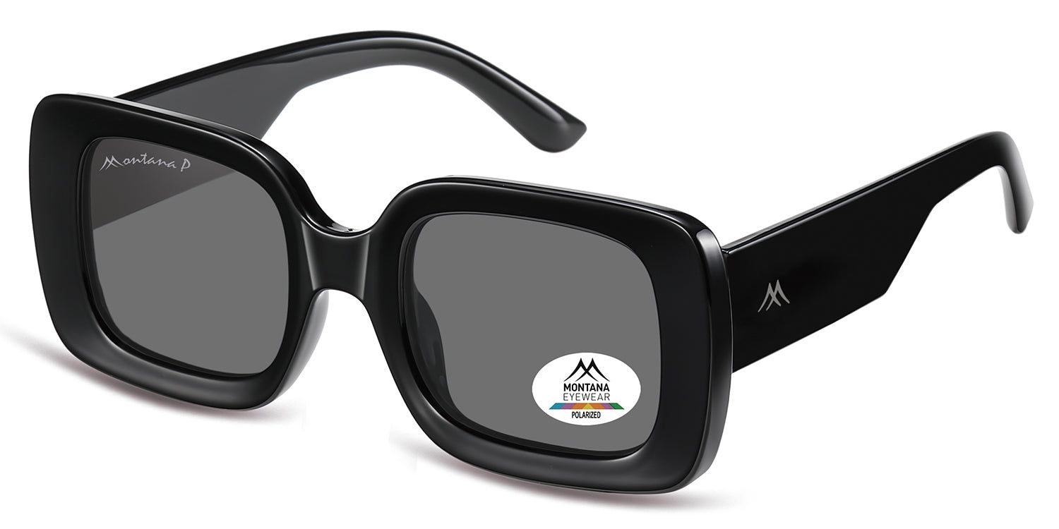 Schwarze Sonnenbrille, quadratische Gläser, Montana Eyewear Logo auf dem Bügel und Glas. Polarisierte Gläser.