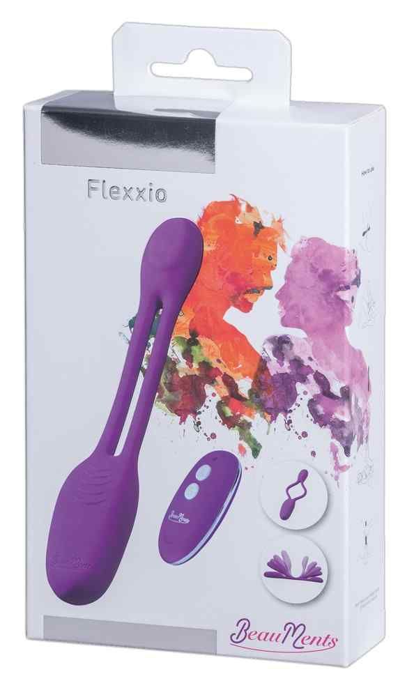 Verpackung mit lila Wellness-Produkt, Fernbedienung und Produktabbildung. Auf der Verpackung steht Flexxio und BeauMents.