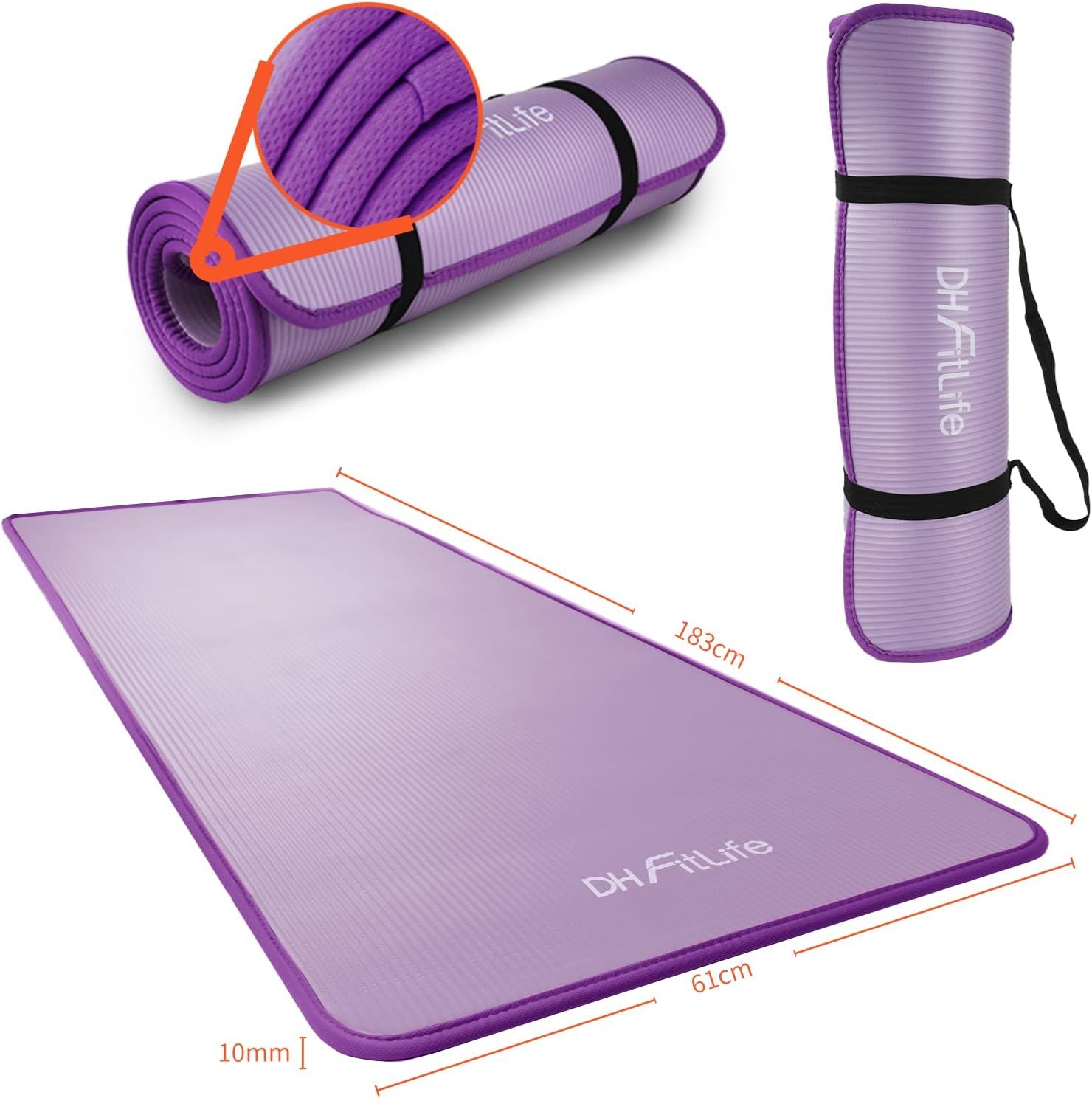 Ausgerollte und gerollte lilafarbene Trainingsmatte. Maße: 183x61cm, 10mm dick. DH FitLife Logo. Tragegurt.