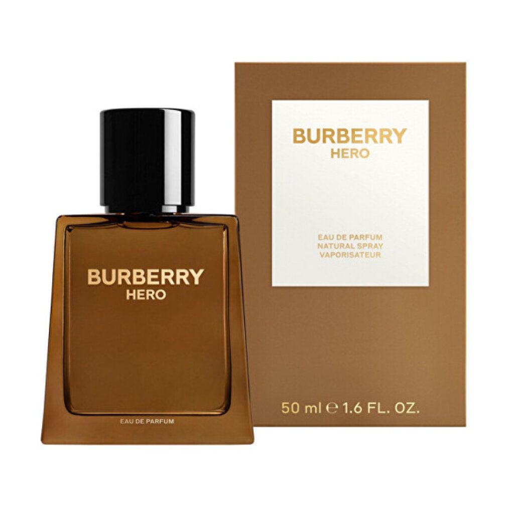 Burberry Hero Flakon und Verpackung. Braune Flasche, schwarzer Deckel. Goldener Schriftzug. Verpackung mit Text.