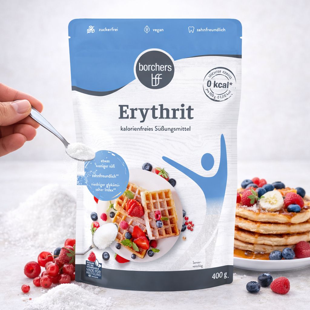Borchers Erythrit, kalorienfreies Süßungsmittel, 400g Beutel. Mit Waffeln, Muffins und Beeren dekoriert.