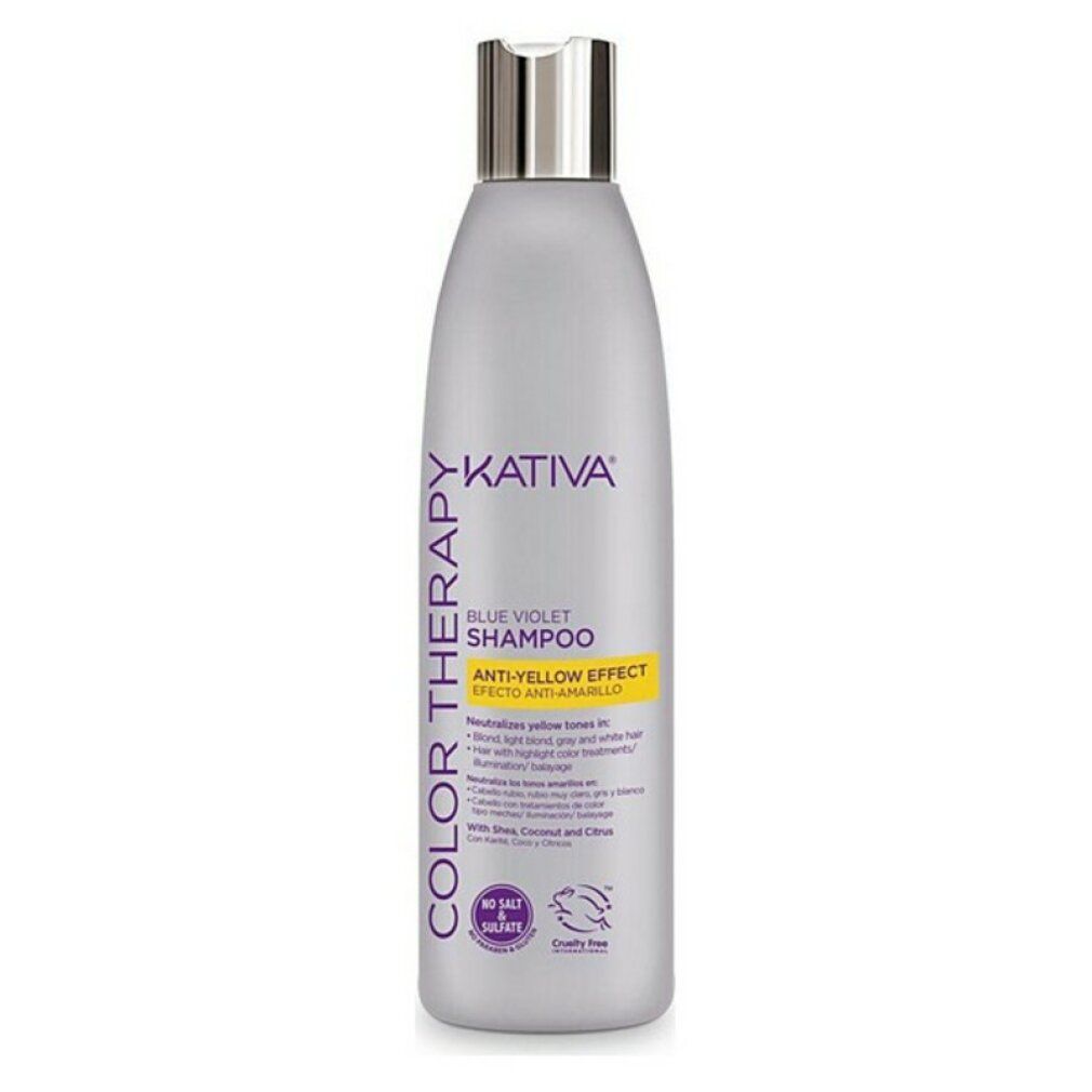 Graue Shampoo-Flasche mit silbernem Deckel. Aufschrift: Kativa, Blue Violet Shampoo, Anti-Yellow Effect. Logo: Cruelty Free.