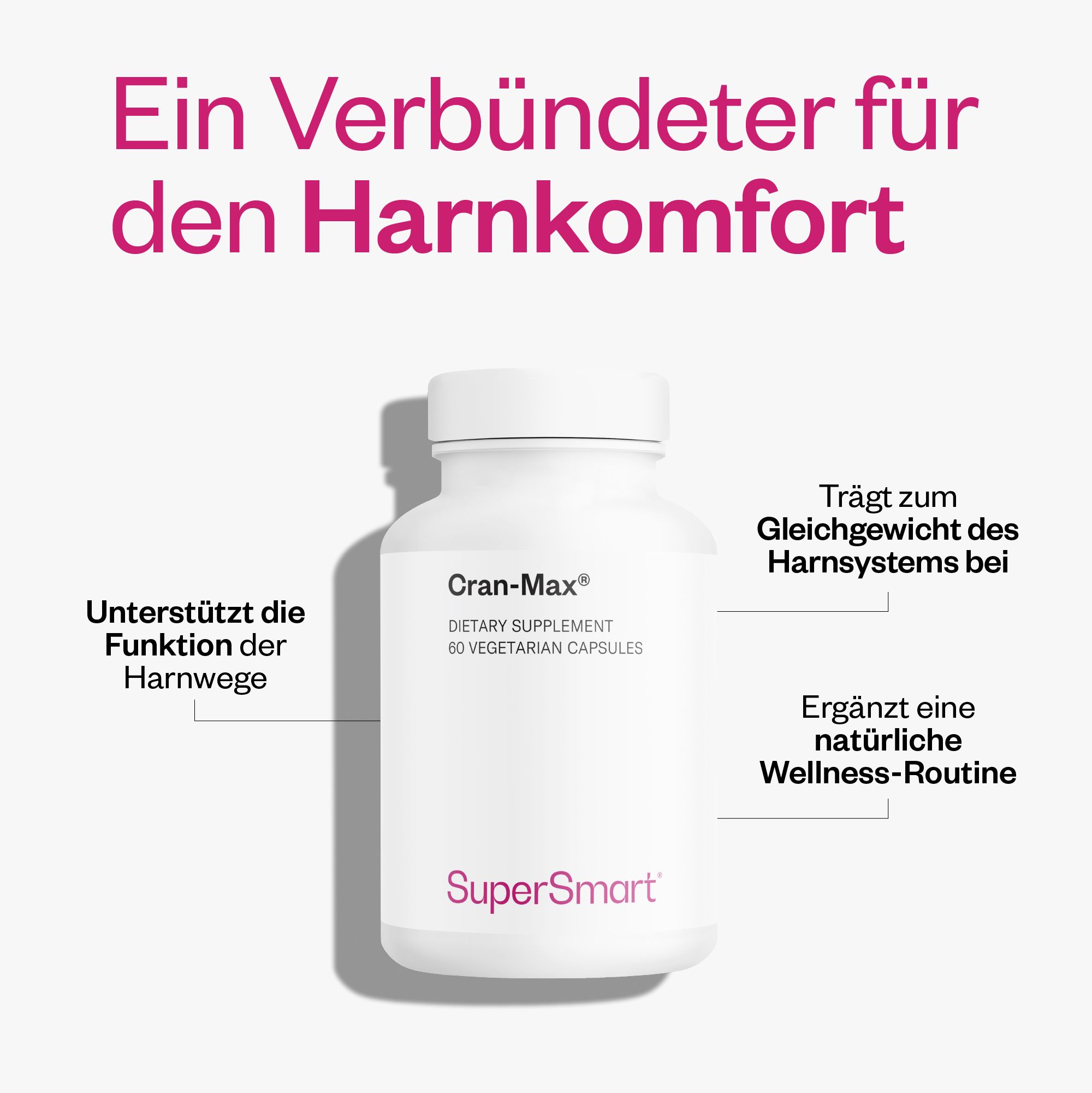 Weiße Flasche mit Cran-Max® Kapseln. 60 vegetarische Kapseln. SuperSmart.