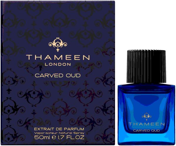 Blaues Parfumflakon und Schachtel. Aufschrift: Thameen London, Carved Oud. Extrait de Parfum. 50ml.