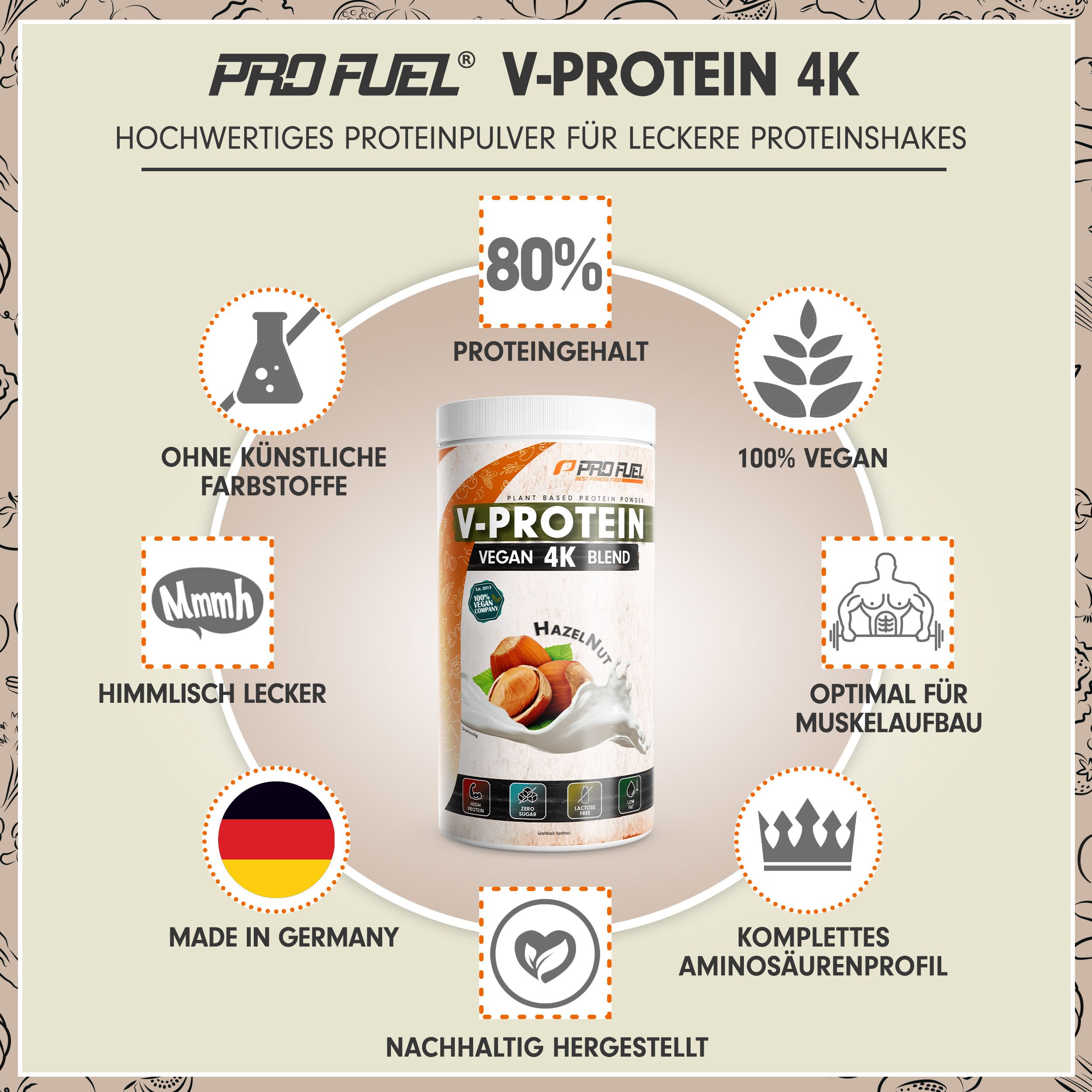 ProFuel - V-Protein 4K Haselnuss veganes Proteinpulver aus 4 pflanzlichen Proteinen 750 g Pulver