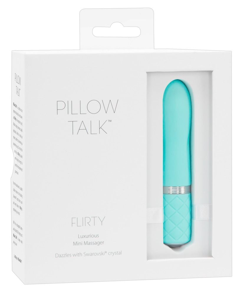 Weiße Verpackung mit türkisfarbenem Vibrator. Aufschrift: Pillow Talk, Flirty.