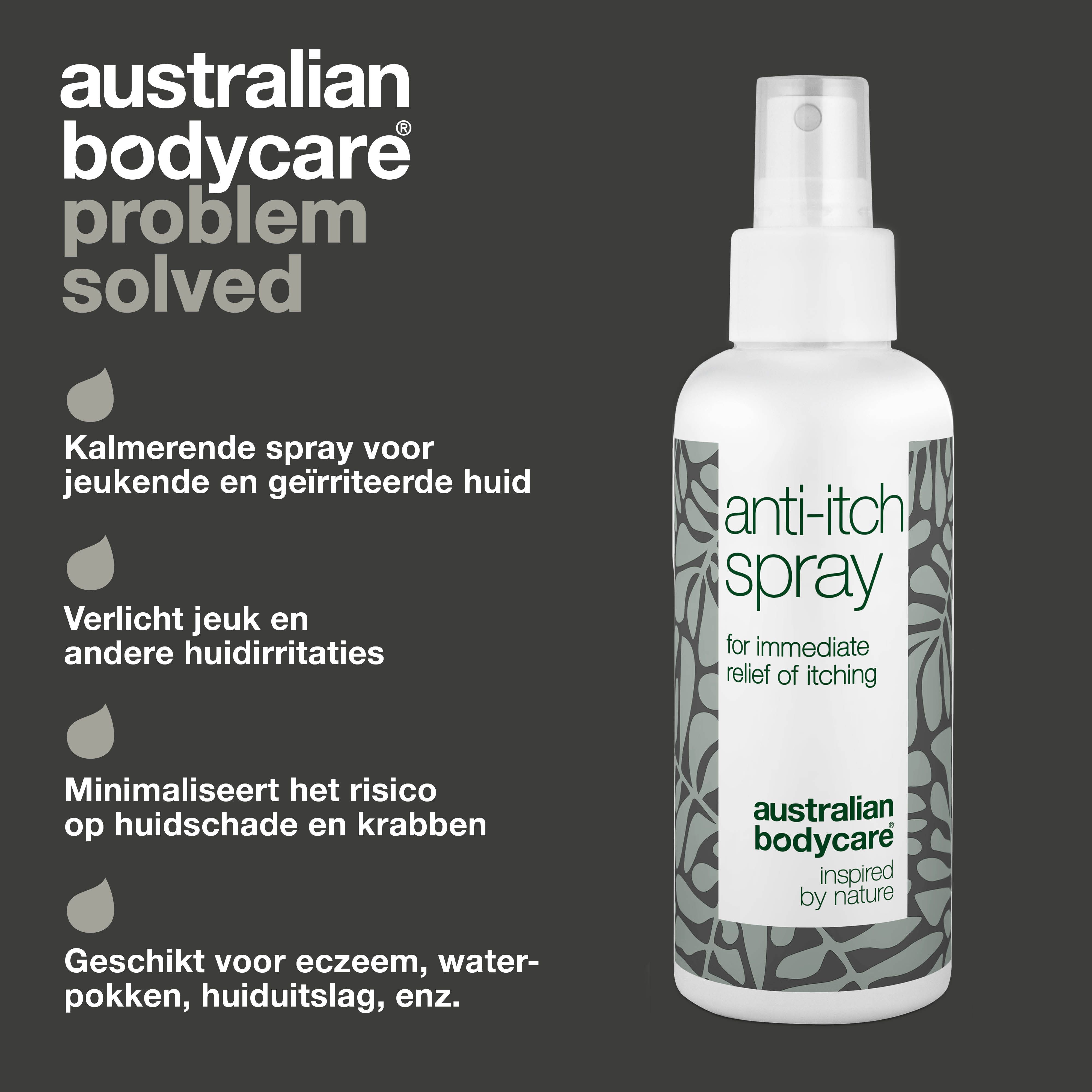 Product- en voordeelpresentatie. Spray tegen jeuk met tekst. Merk: Australian Bodycare.