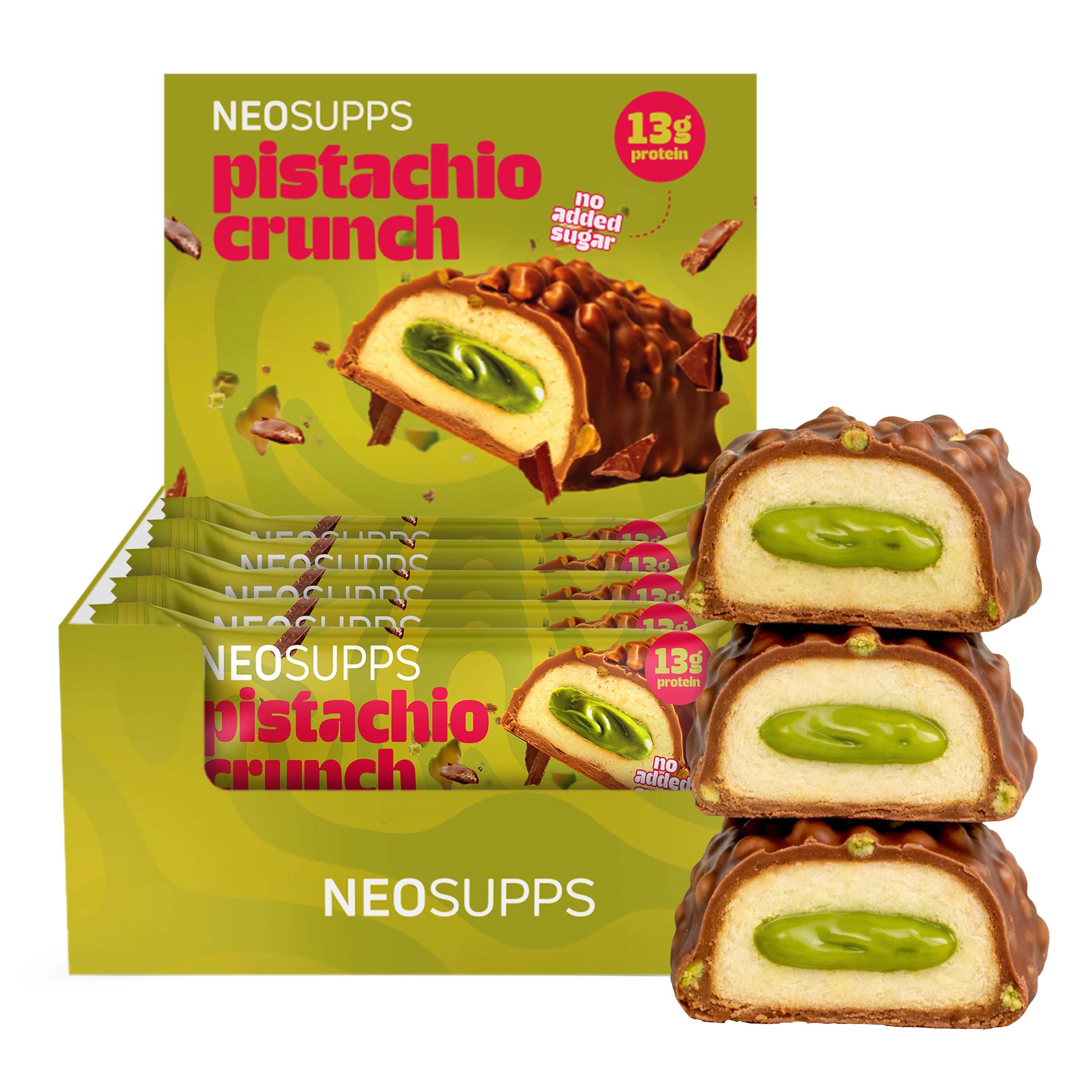 Displaybox mit Neosupps Proteinriegeln Pistachio Crunch und gestapelten Riegeln.