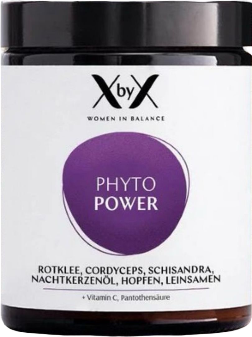 XbyX® Phyto Power Dose. Lila Etikett mit weißer Schrift. Enthält Rotklee, Cordyceps, Schisandra, Nachtkerzenöl, Hopfen, Leinsamen.
