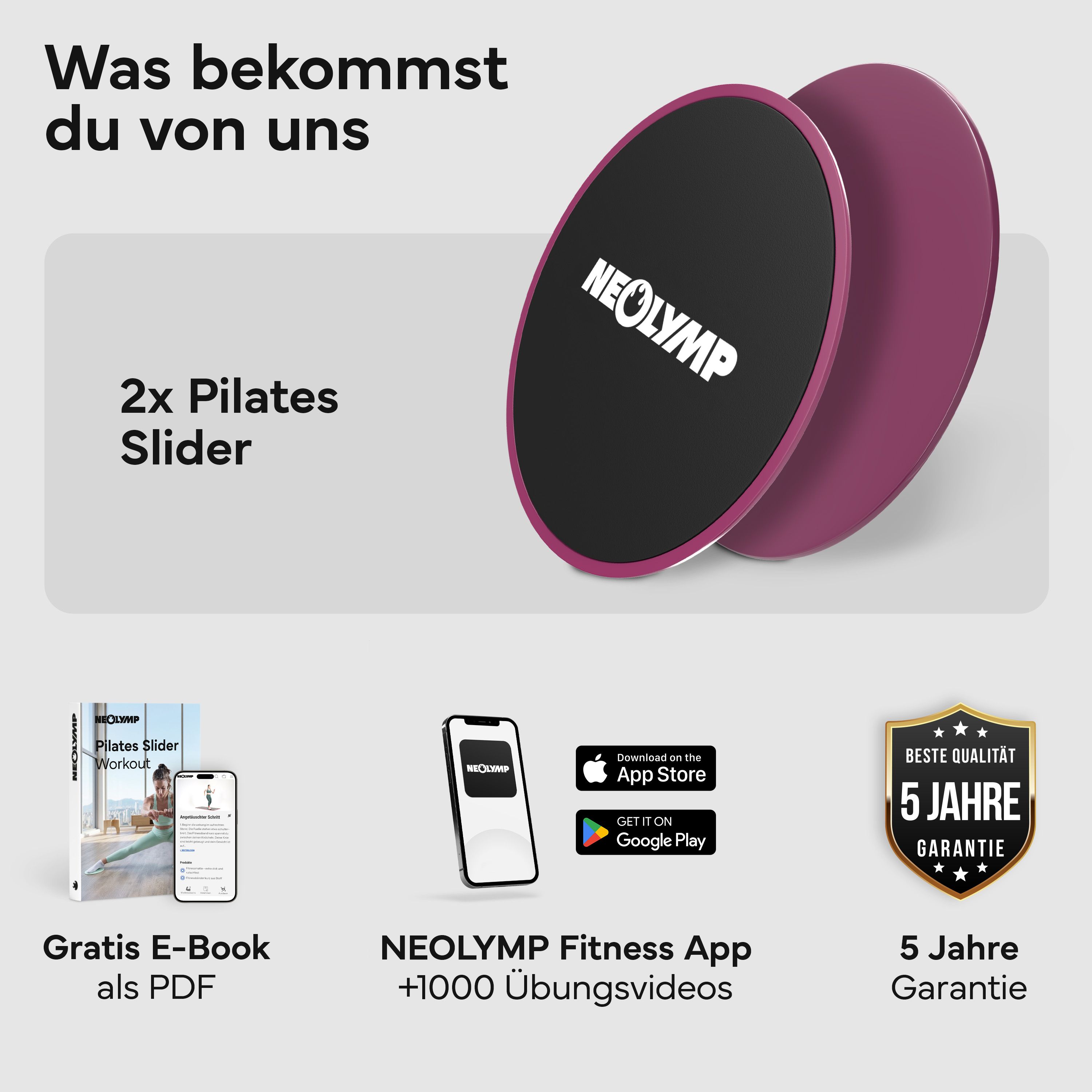 Zwei runde, violette Pilates-Slider mit schwarzer Oberseite und weißem NEOLYMP Logo.