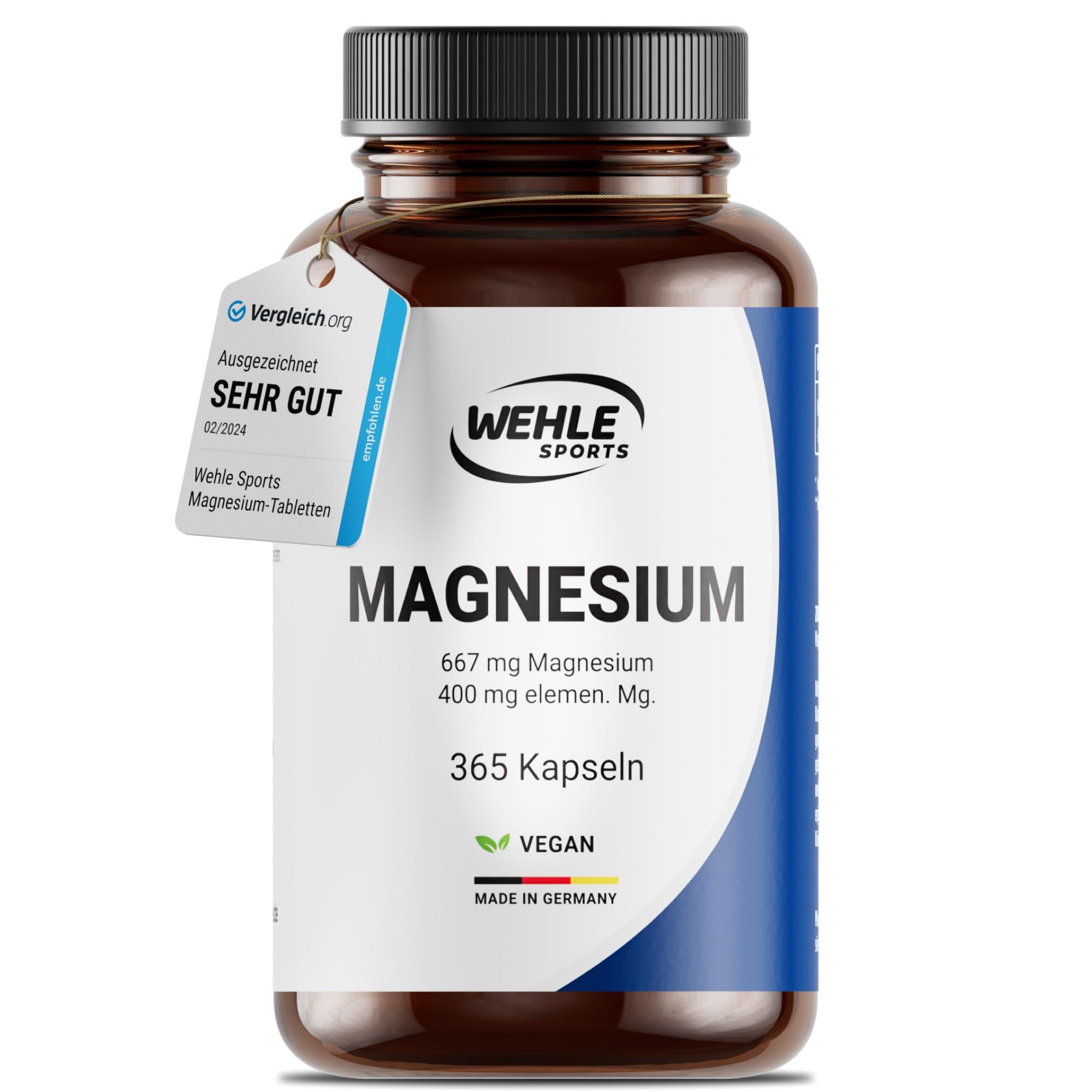 Braune Kapsel mit Wehle Sports Magnesium-Etikett, 365 Kapseln, vegan, Made in Germany. Siegel: Sehr Gut.