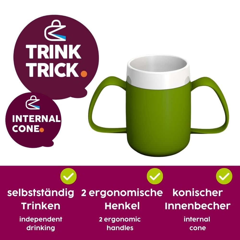 Grüner Becher mit zwei Henkeln und weißem Rand. Text: Trink Trick, Internal Cone, selbstständig Trinken, 2 ergonomische Henkel, konischer Innenbecher.
