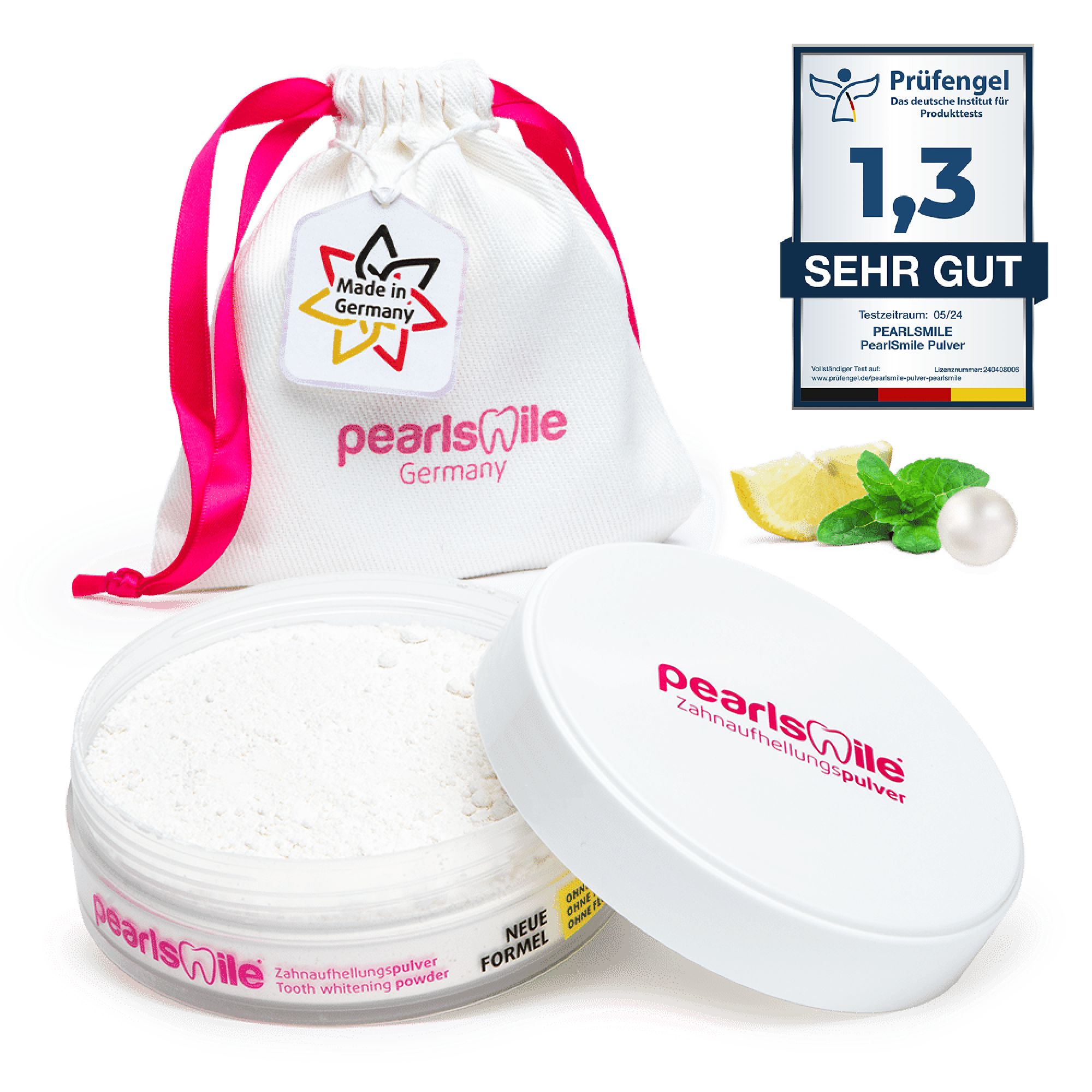 Wit whitening poeder in pot en zak. Made in Germany. Prüfengel zegel. Citroen, munt en parel.