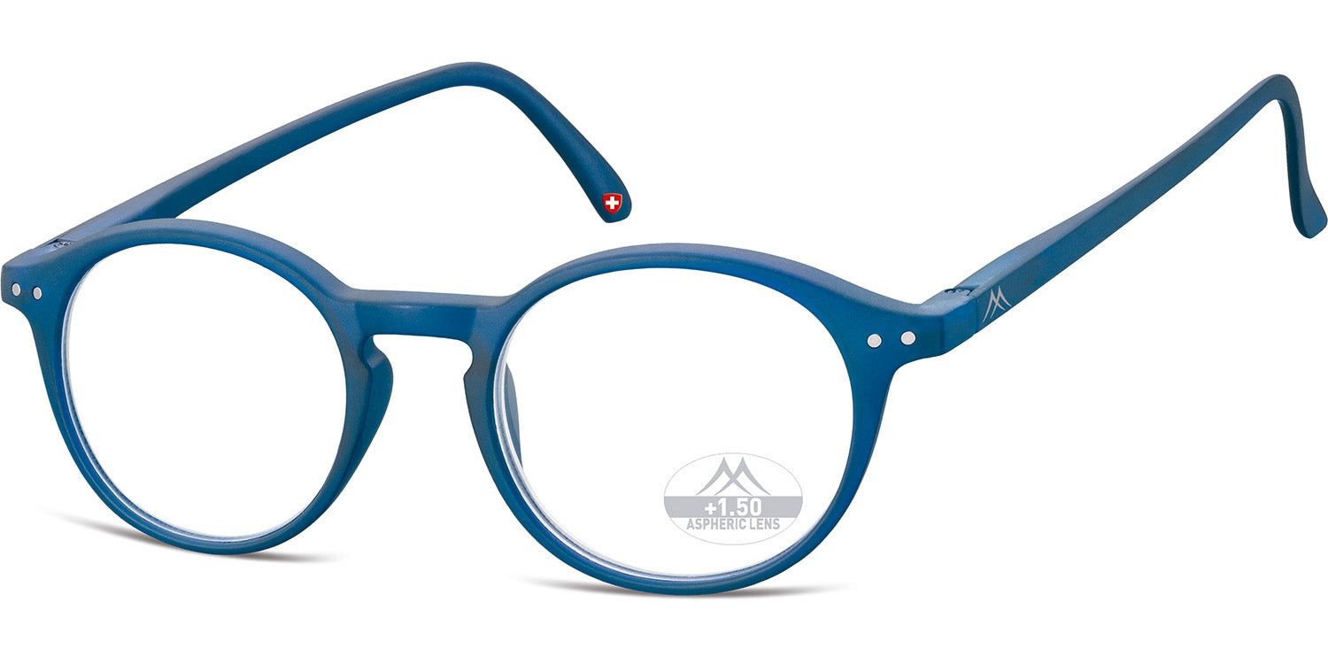 Blaue Brille mit runden Gläsern. Auf dem rechten Glas ist die Stärke 1.50 angegeben. Bügel mit Schweizer Kreuz.