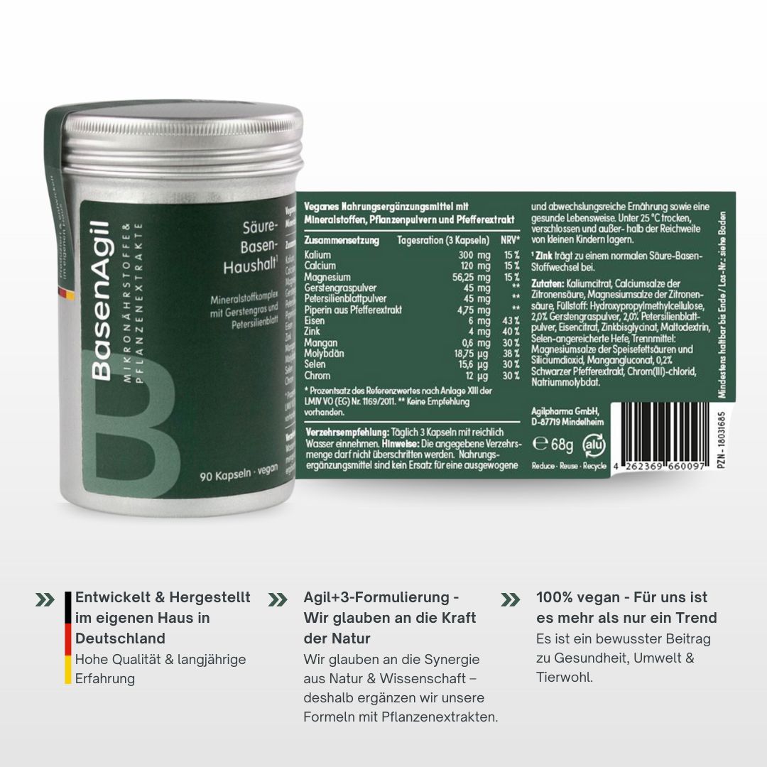 Silberne Dose mit grünem Etikett. Aufschrift BasenAgil. 90 Kapseln. Daneben ein Beipackzettel.