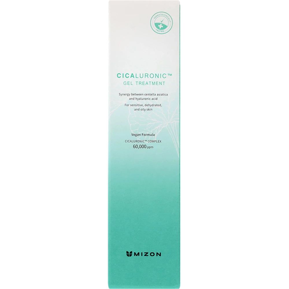 Produktverpackung. Aufschrift: Cicaluronic Gel Treatment. Vegan Formula. Marke: Mizon. Grüner und weißer Farbverlauf.