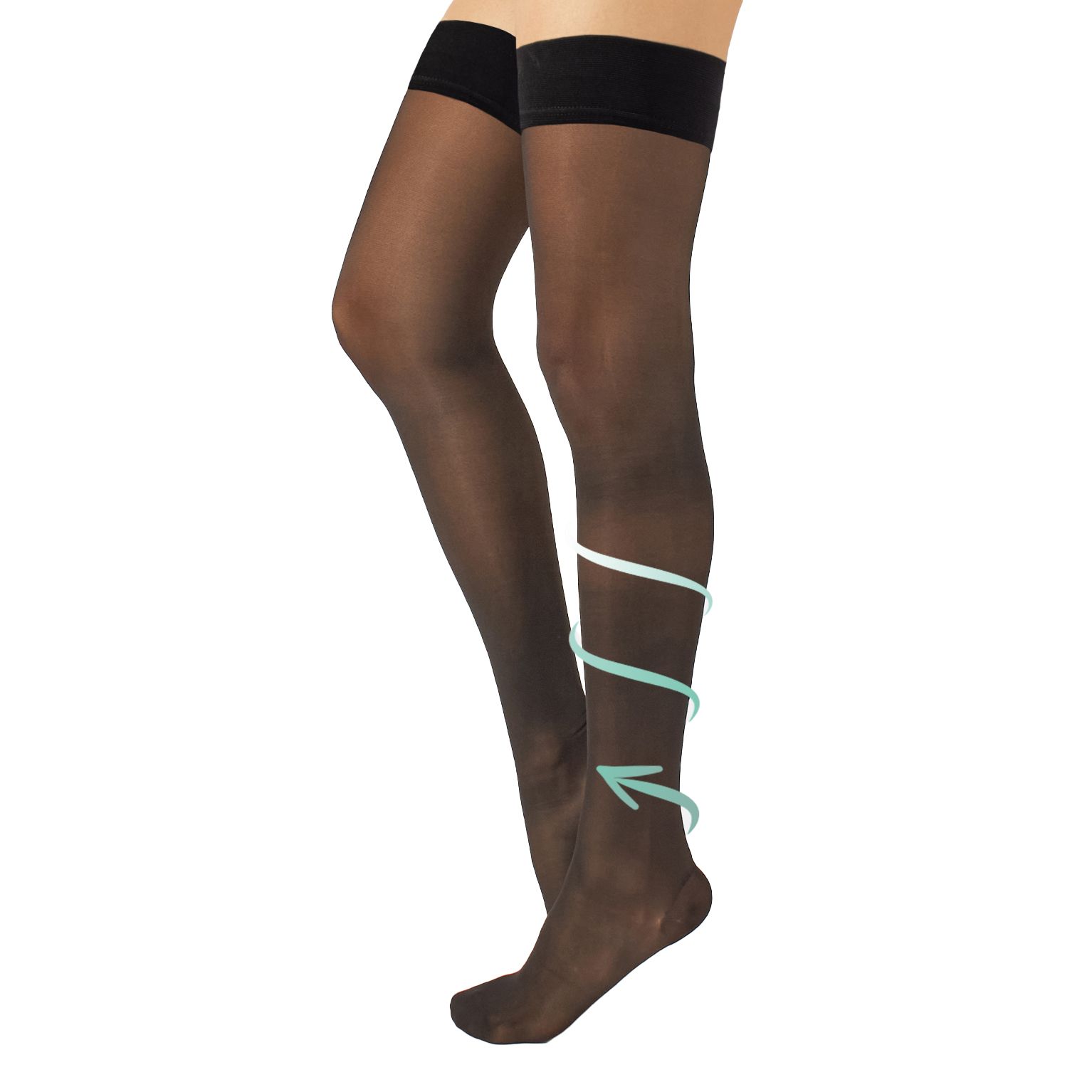 Halterlose Strümpfe, schwarz. Kompressionsstrümpfe mit schwarzem Bund. Pfeil-Grafik zeigt Kompression. 