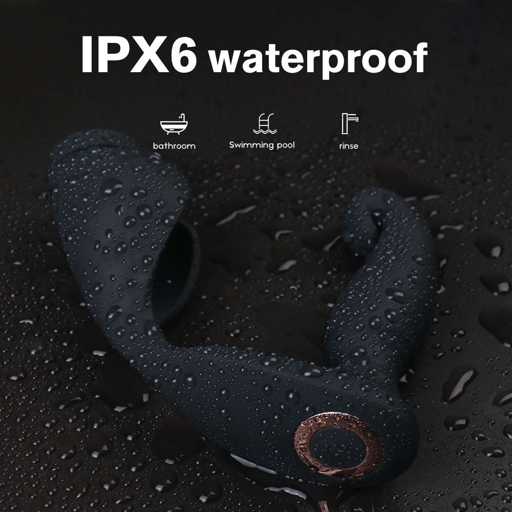 Schwarzes Wellness-Produkt mit Wassertropfen. Text 'IPX6 waterproof' und Symbole.