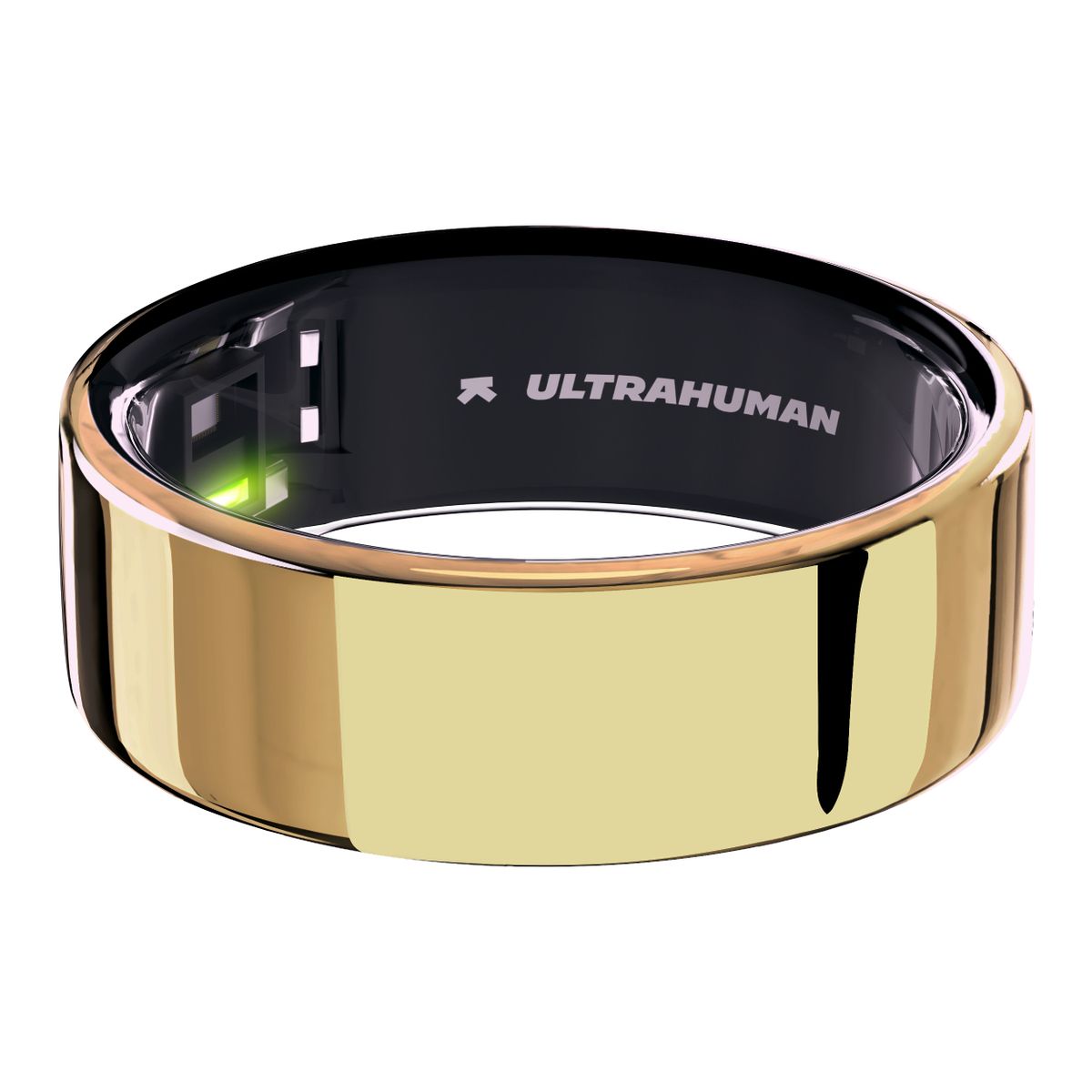 Goldfarbener Ring mit schwarzem Innenring. Aufschrift: ULTRAHUMAN. Kleines grünes Licht sichtbar.
