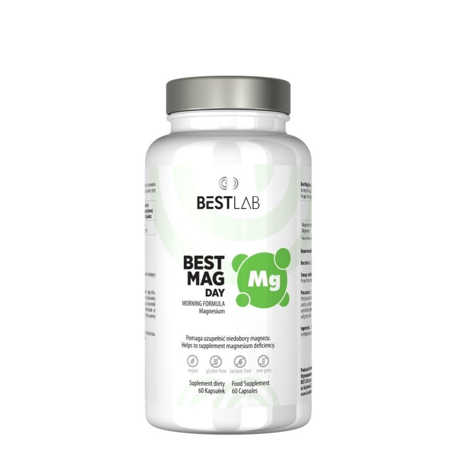 Eine Flasche Nahrungsergänzungsmittel. Aufschrift: BEST LAB BEST MAG DAY. Magnesium-Nahrungsergänzungsmittel.