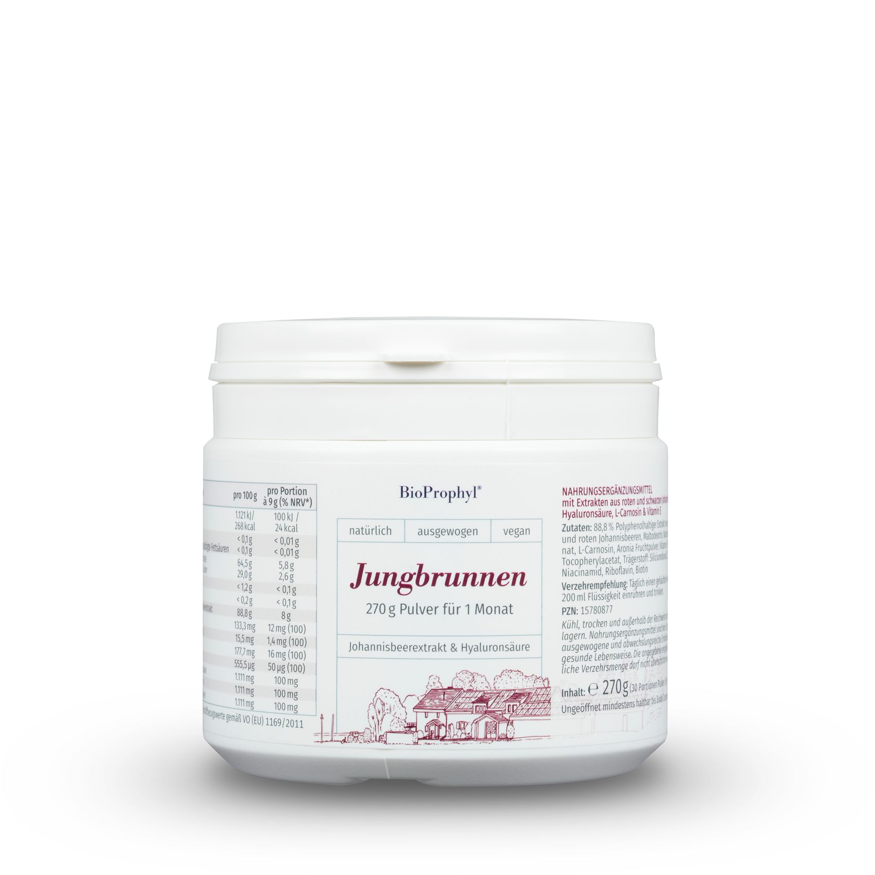 Weißes, zylindrisches Produktgefäß mit Deckel. Aufschrift: BioProphyl Jungbrunnen, 270g Pulver für 1 Monat. Etikett mit Inhaltsangaben.
