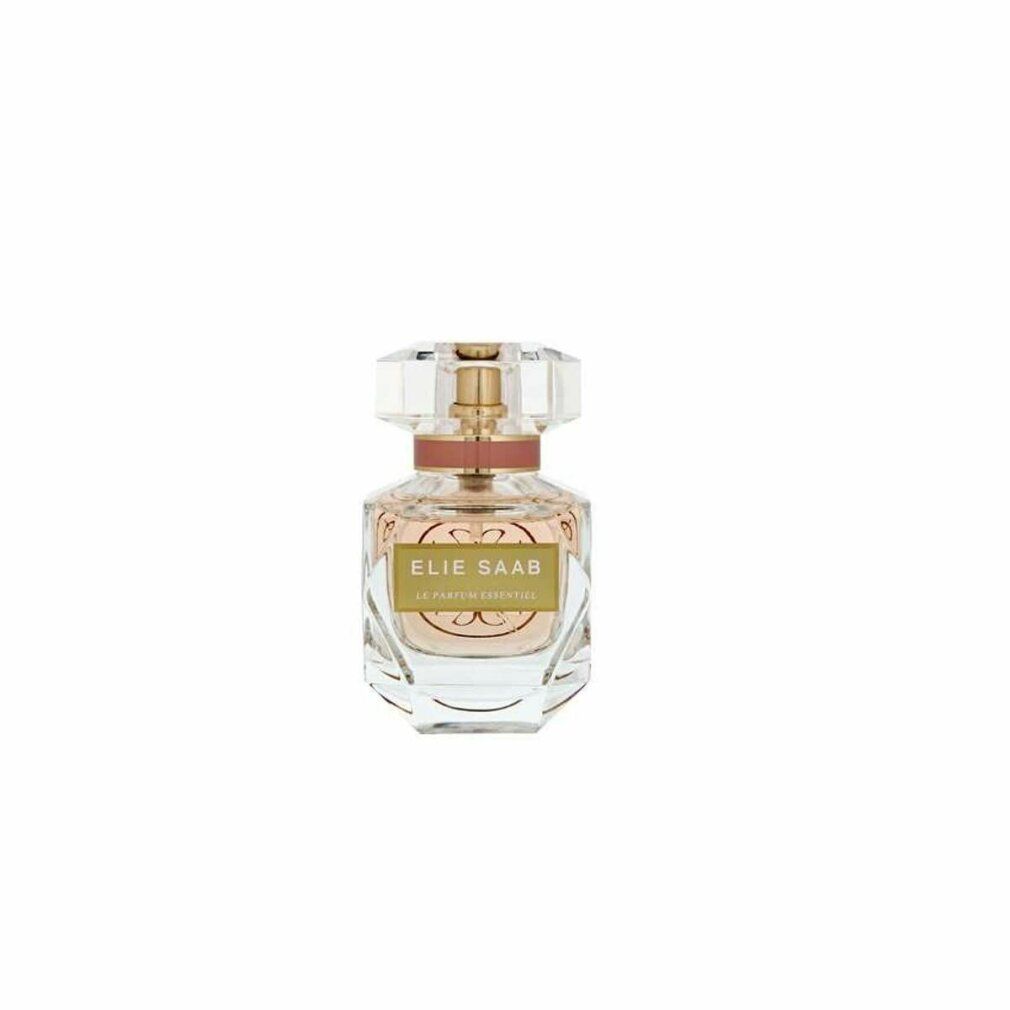 Kleiner Parfümflakon mit rosa Flüssigkeit. Klarer, facettierter Deckel. Goldfarbenes Etikett mit Schriftzug. Aufschrift: Elie Saab Le Parfum Essentiel.