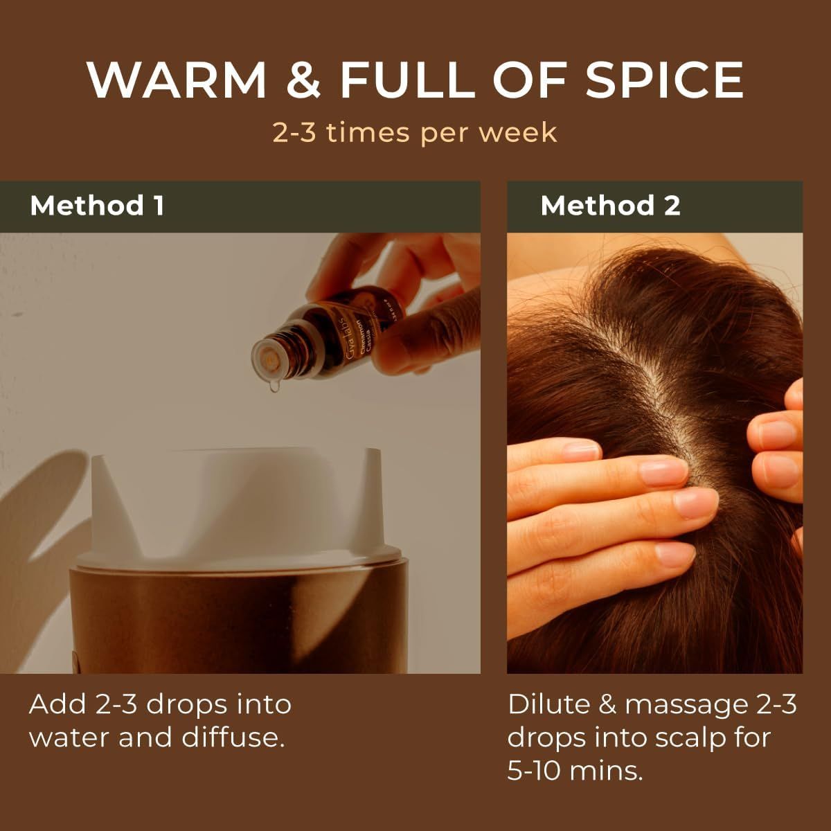 Zwei Anwendungsbeispiele. Oben: Öl tropft in Diffusor. Unten: Öl auf Kopfhaut. Text: 2-3 mal pro Woche.