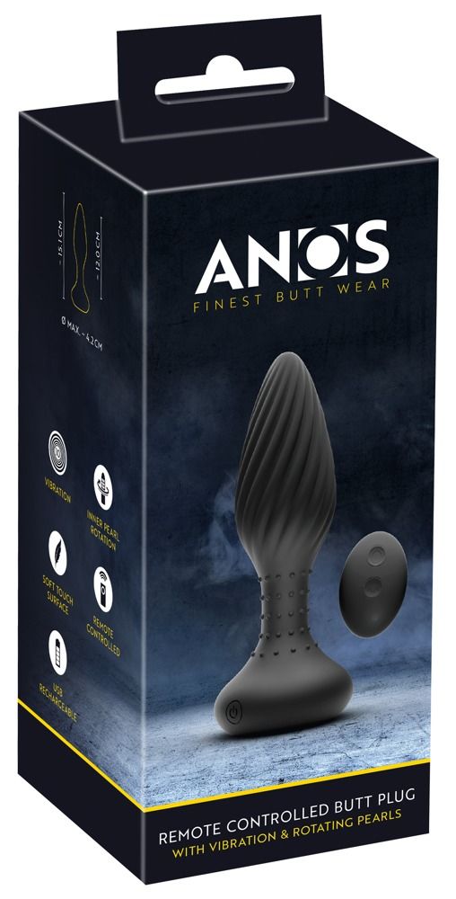 Verpackung für einen schwarzen Anus-Plug mit Fernbedienung. Text: ANOS, Finest Butt Wear.
