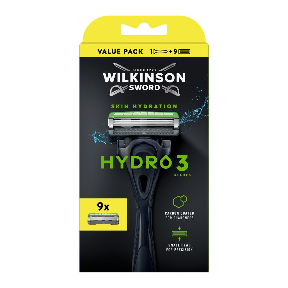 Verpackung des Wilkinson Sword Hydro 3 Rasierers mit 9 Ersatzklingen.