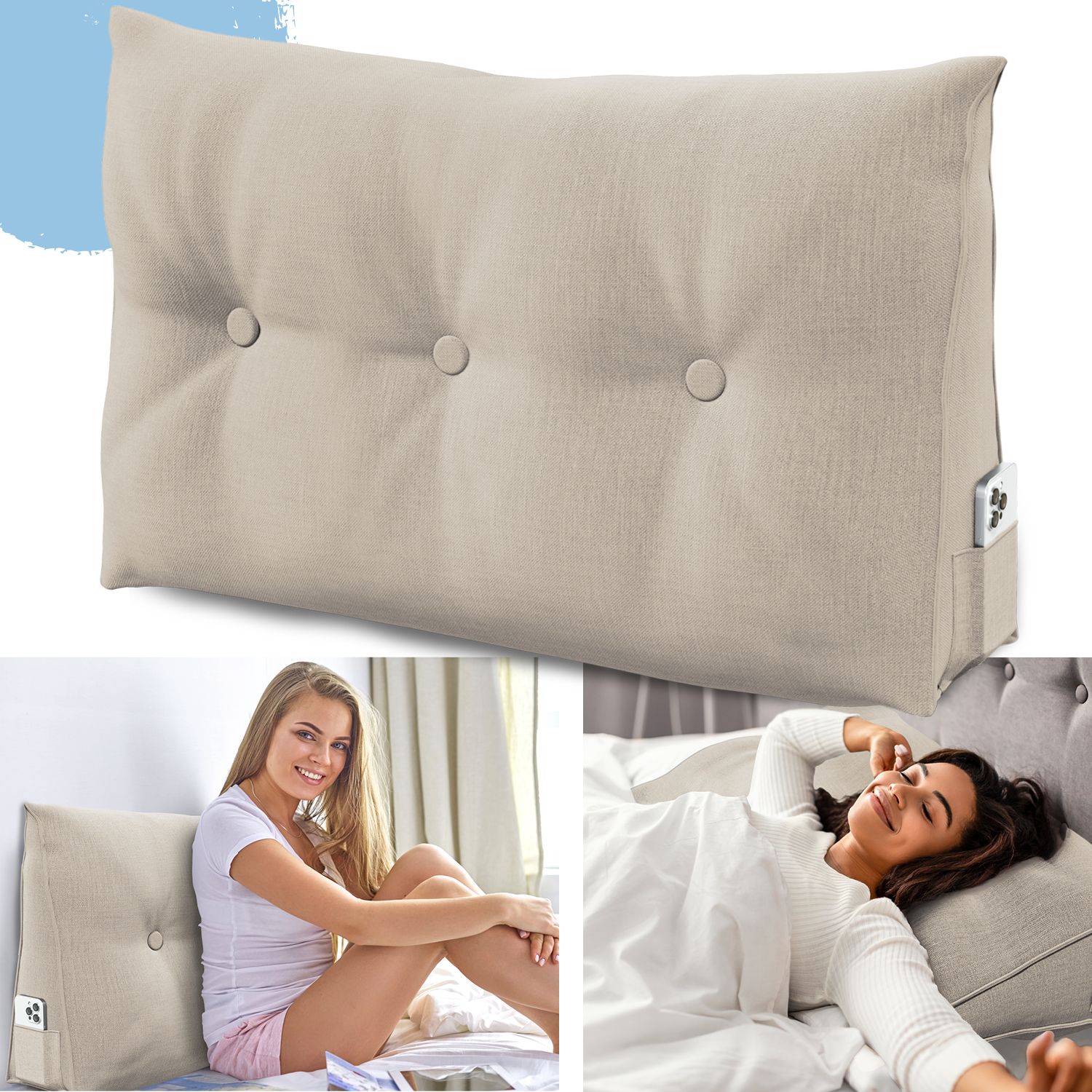 Beigefarbenes Stützkissen mit drei Knöpfen und seitlicher Tasche. Zwei Frauen sitzen auf einem Bett. Eine Frau liegt auf dem Bett.