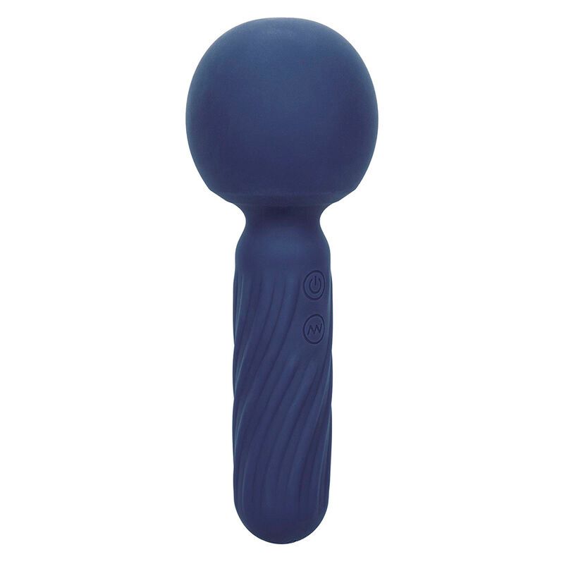 Blauer Vibrationsmassager mit Rundkopf und gewelltem Griff. Zwei Knöpfe. Auf weißem Hintergrund.