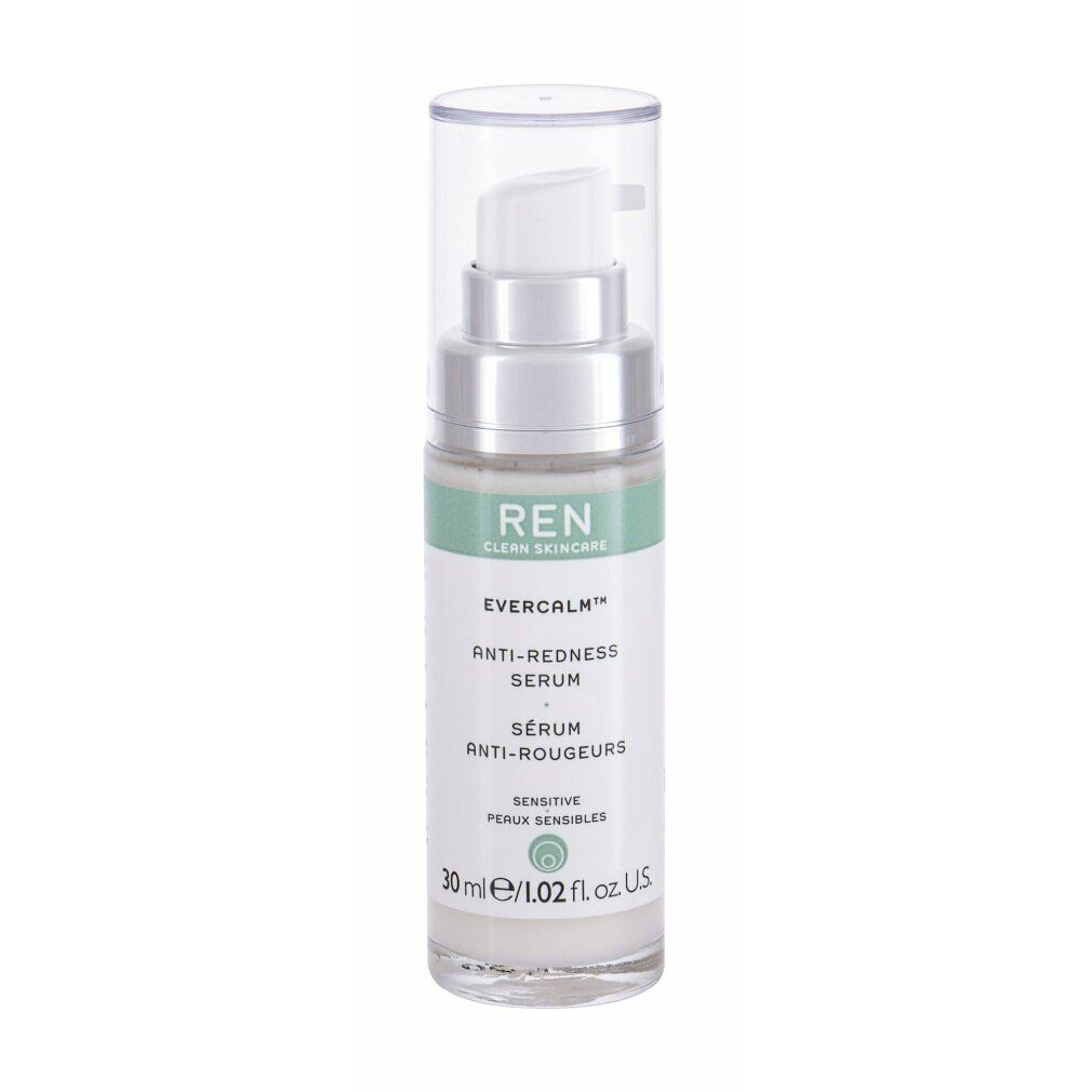 Serumflasche mit Pumpe. Aufschrift: REN, Evercalm, Anti-Redness Serum. 30 ml/1.02 fl. oz. US.