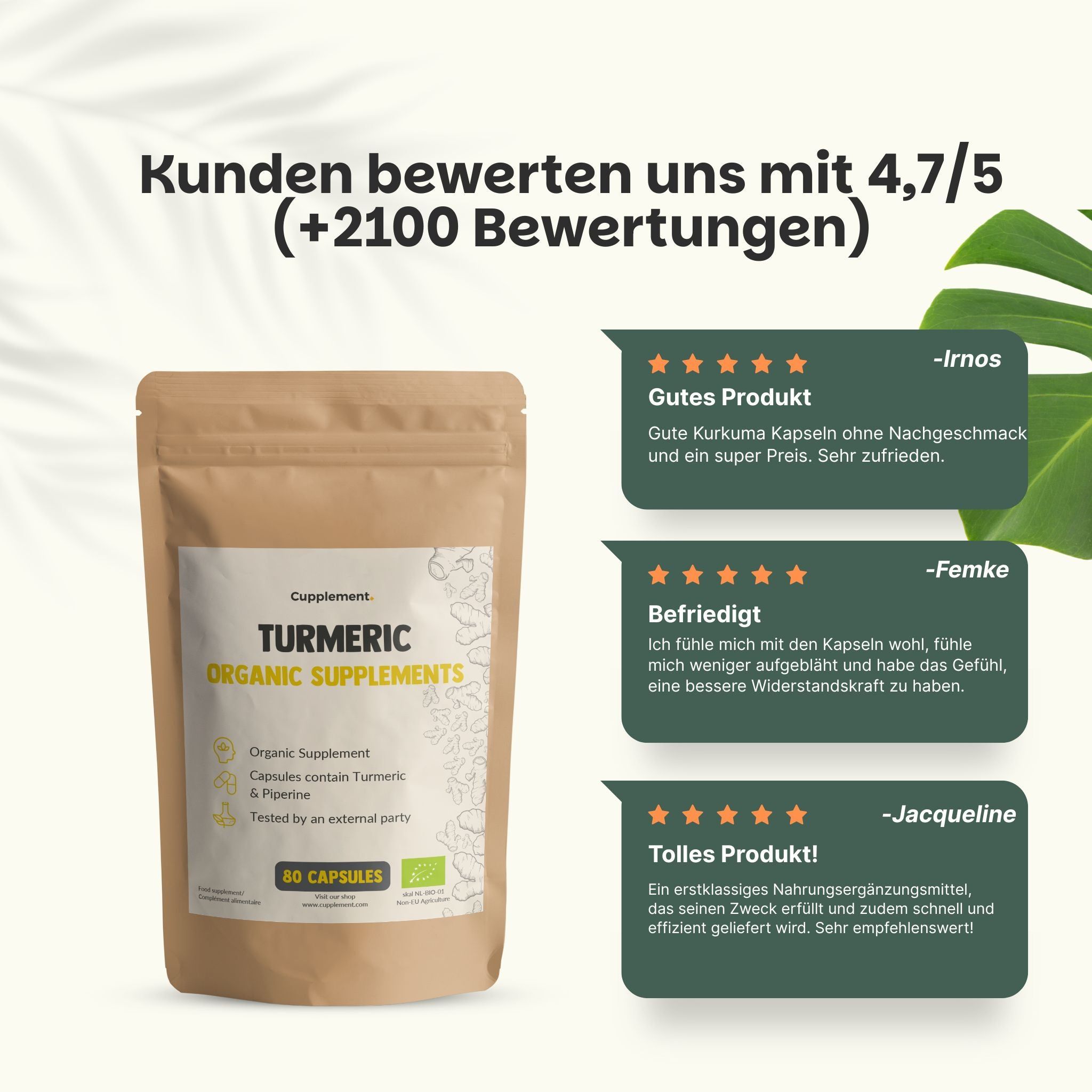 Beutel mit Kurkuma-Kapseln. Text: Turmeric Organic Supplements. 80 Kapseln. Bio-Siegel. Kundenbewertungen.