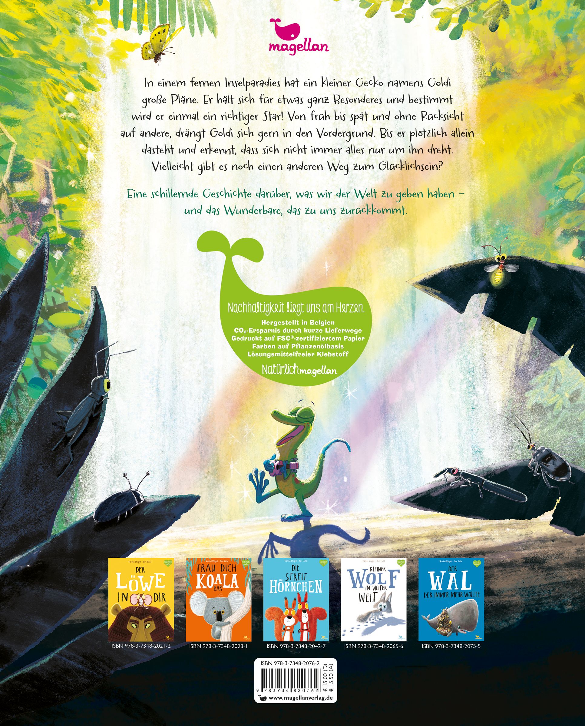 Rückseite des Buches "Gecko und das Glück des Gebens". Text, Illustration eines Geckos, Buchreihe unten.