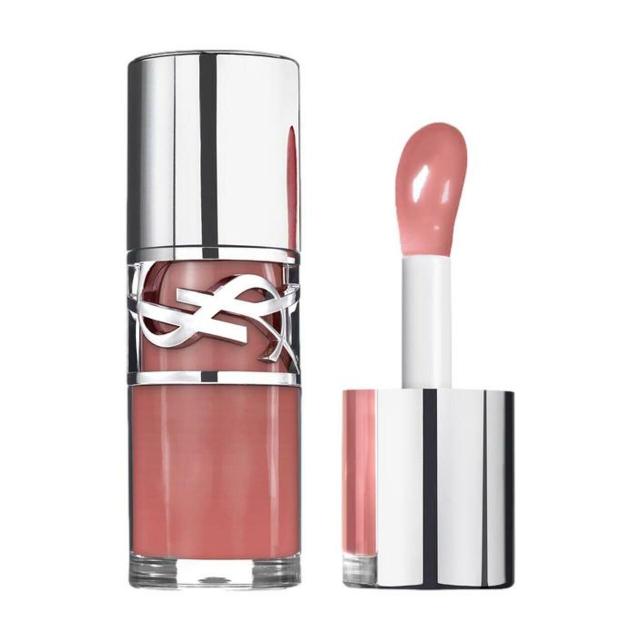 YSL Loveshine Lucidalabbra. Rosa getönter Lipgloss in silberner Hülse. Applikator sichtbar.