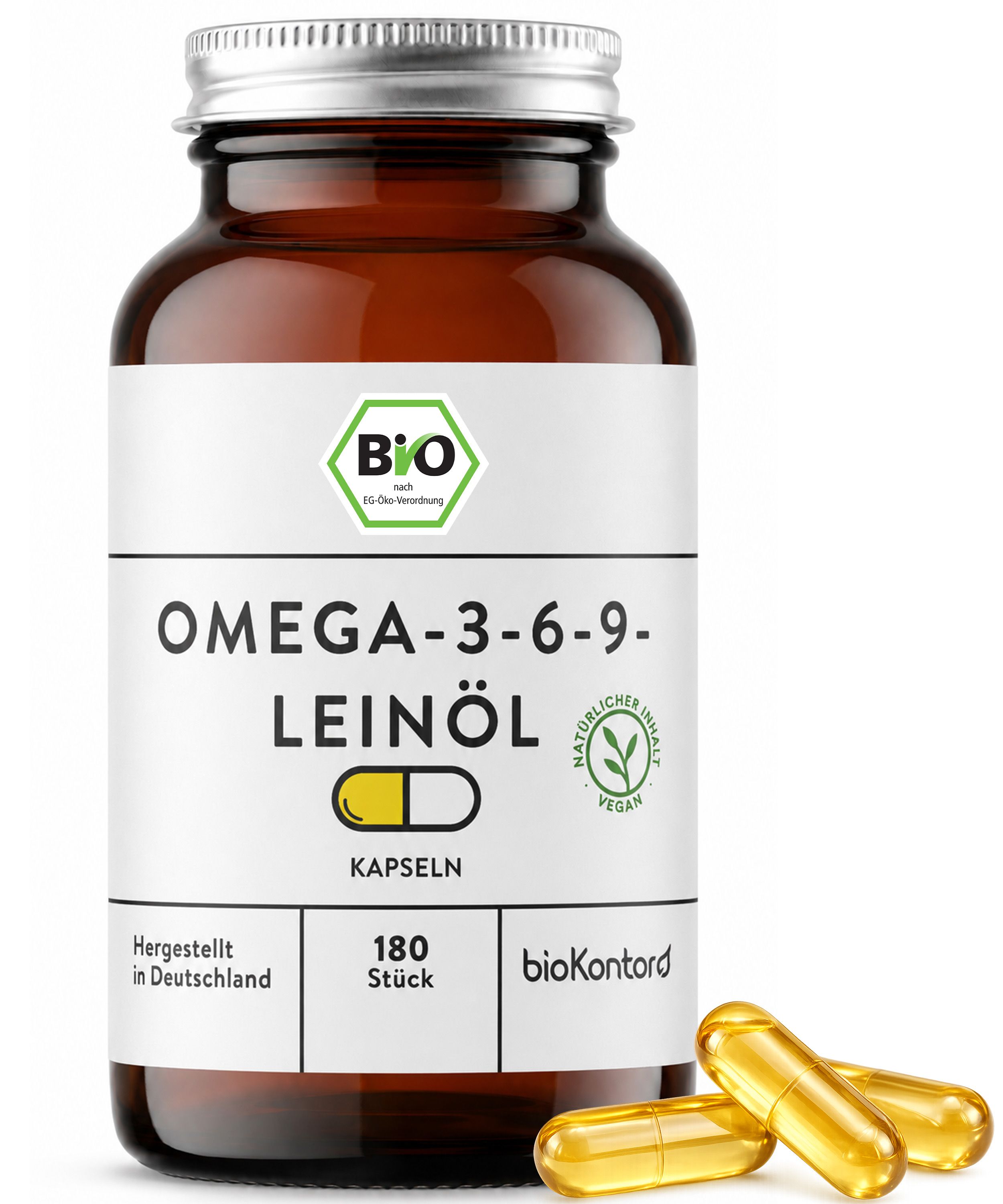 bioKontor BIO Leinöl Kapseln mit Omega-3-, Omega-6- und Omega-9-Fettsäuren 108 g