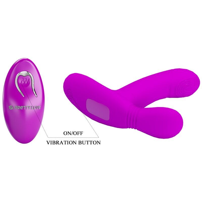 Lila Vibrator und Fernbedienung. Beschriftung: ON/OFF VIBRATION BUTTON. Logo: Pretty Love.