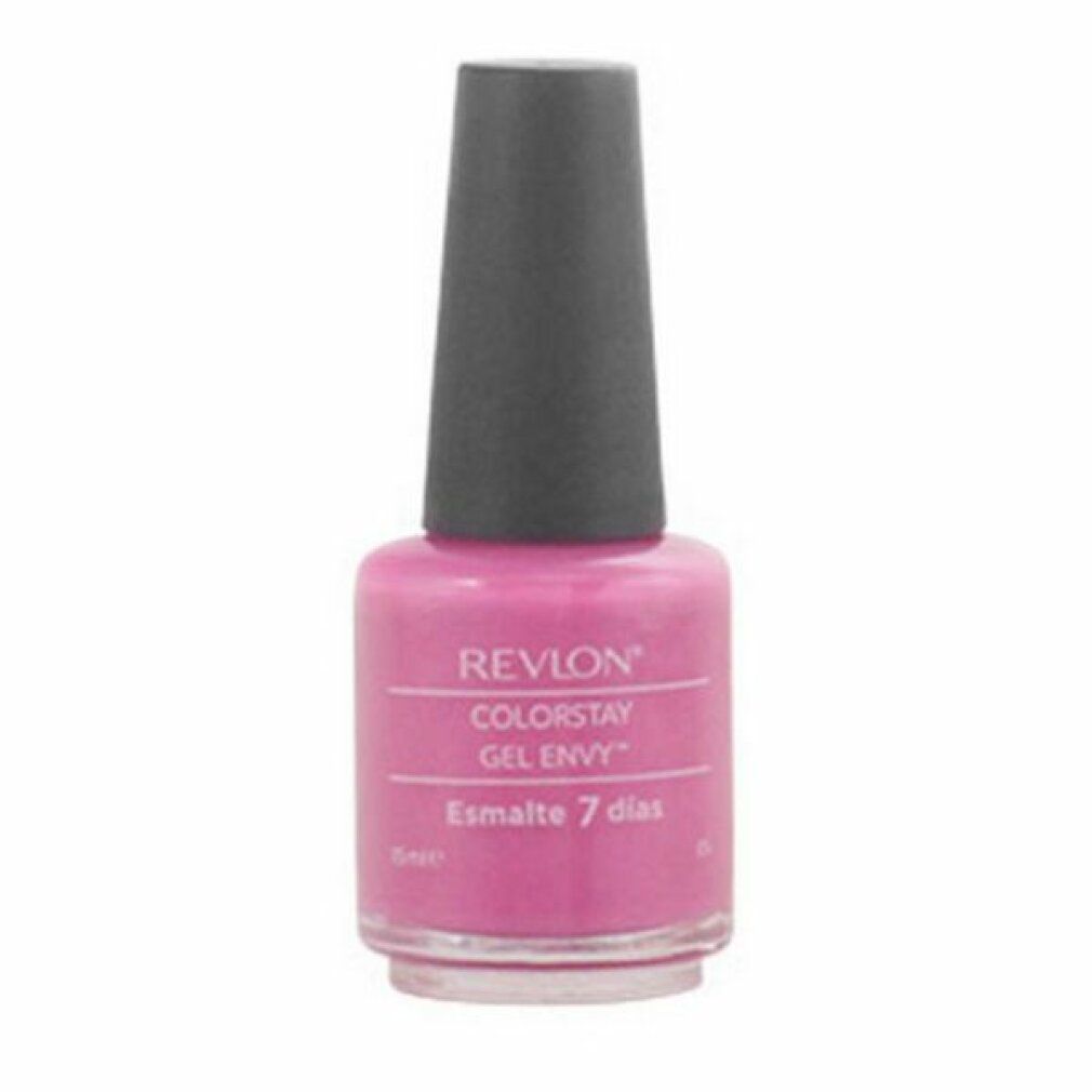 Nagellackflasche, pink. Grauer Deckel. Aufschrift: Revlon Colorstay Gel Envy. Esmalte 7 dias.