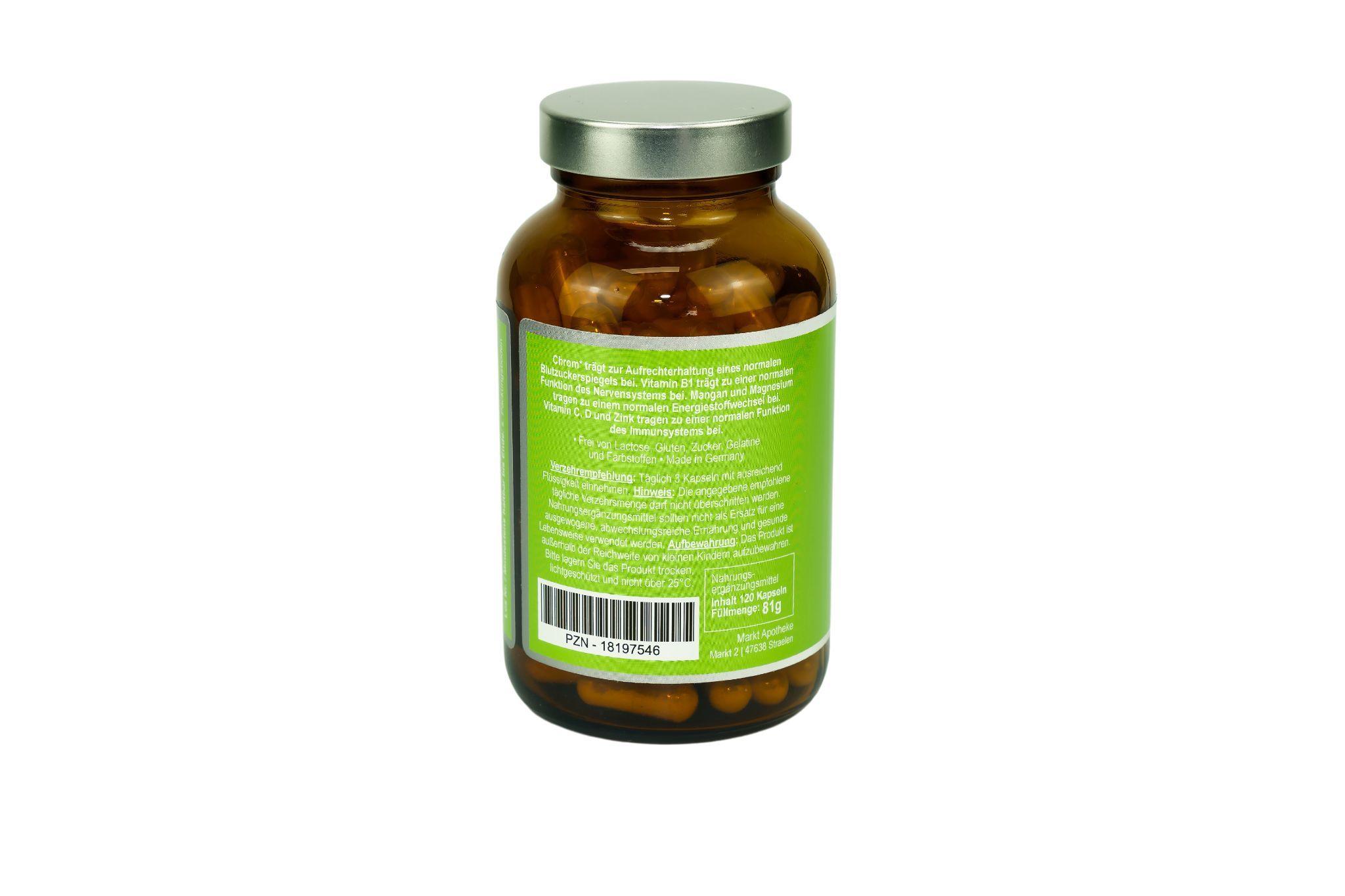 Braune Glasflasche mit grünem Etikett. Rückseite mit Text und Barcode. Niederrhein Vital® Blutzucker Vital.