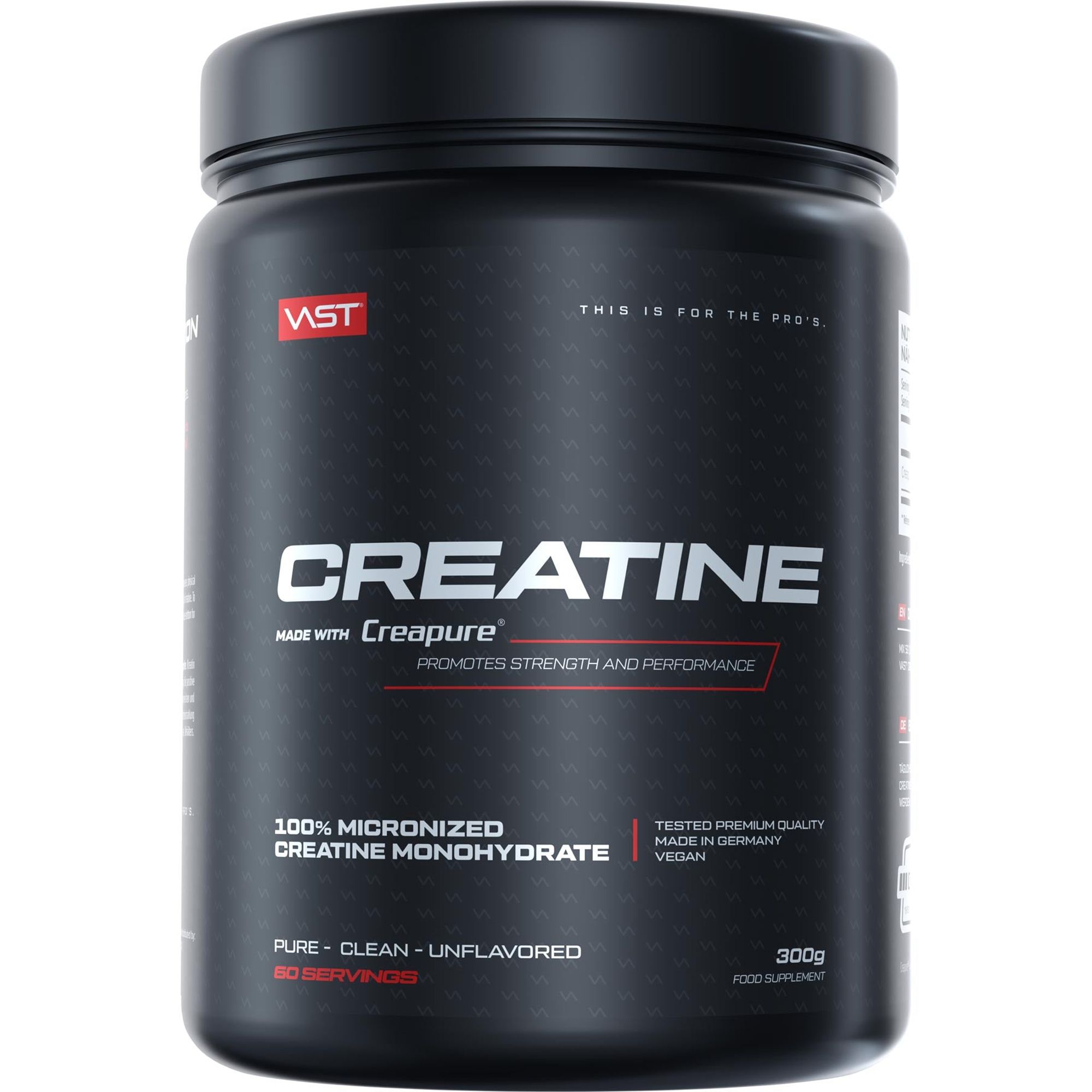 Schwarze Dose mit der Aufschrift "Creatine". Enthält 300g. Marke VAST, Made with Creapure, vegan.