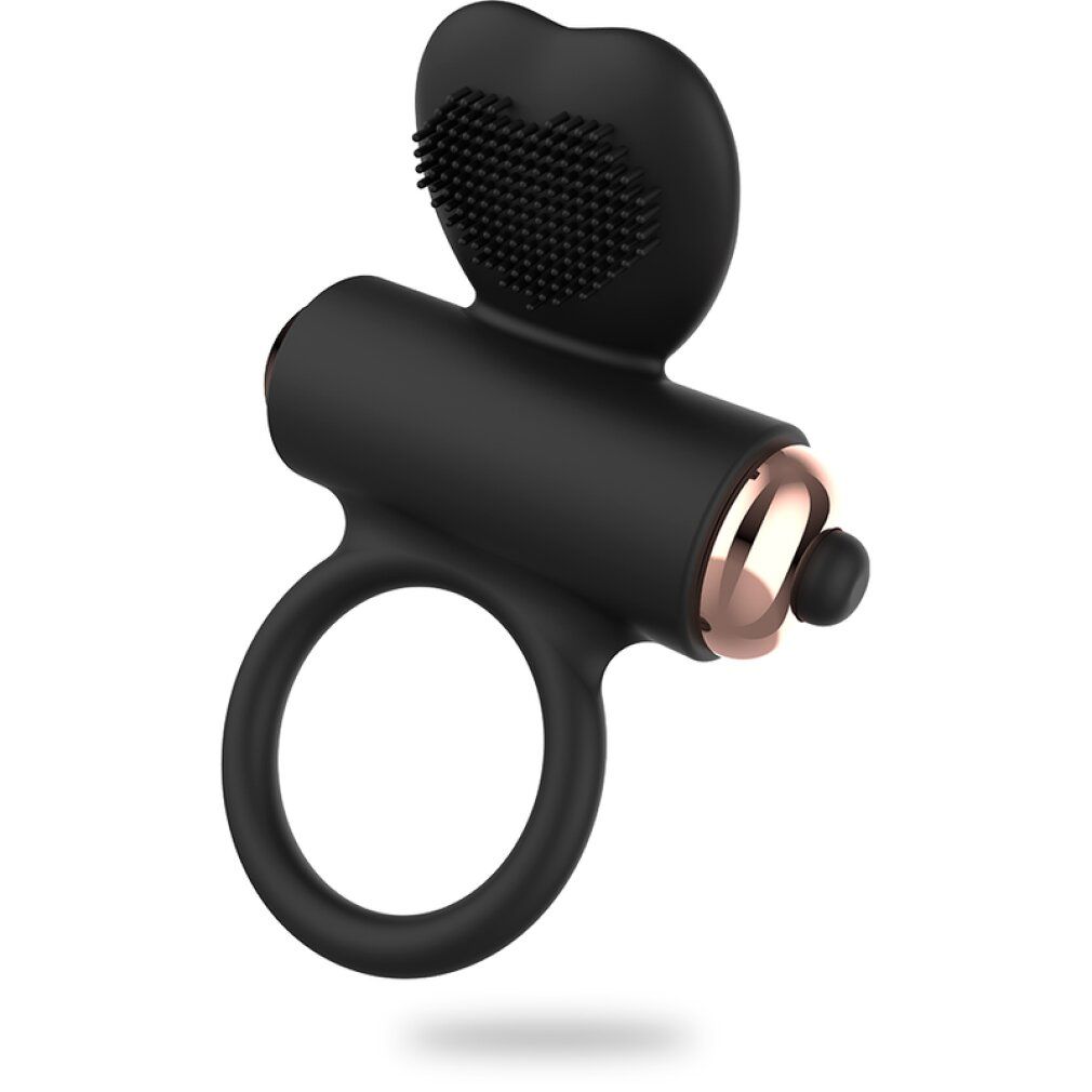 Schwarzer Penisring mit Vibrationsfunktion. Ring, Zylinder, Aufsatz mit Noppen. Roségoldfarbene Akzente.