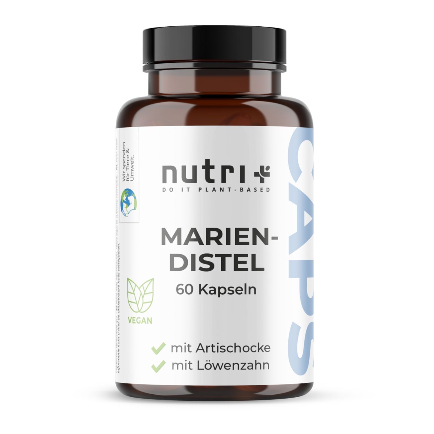 Bruine fles met zwarte dop. Etiket met productnaam: Mariadistel capsules. 60 capsules. Vegan, met artisjok en paardenbloem.