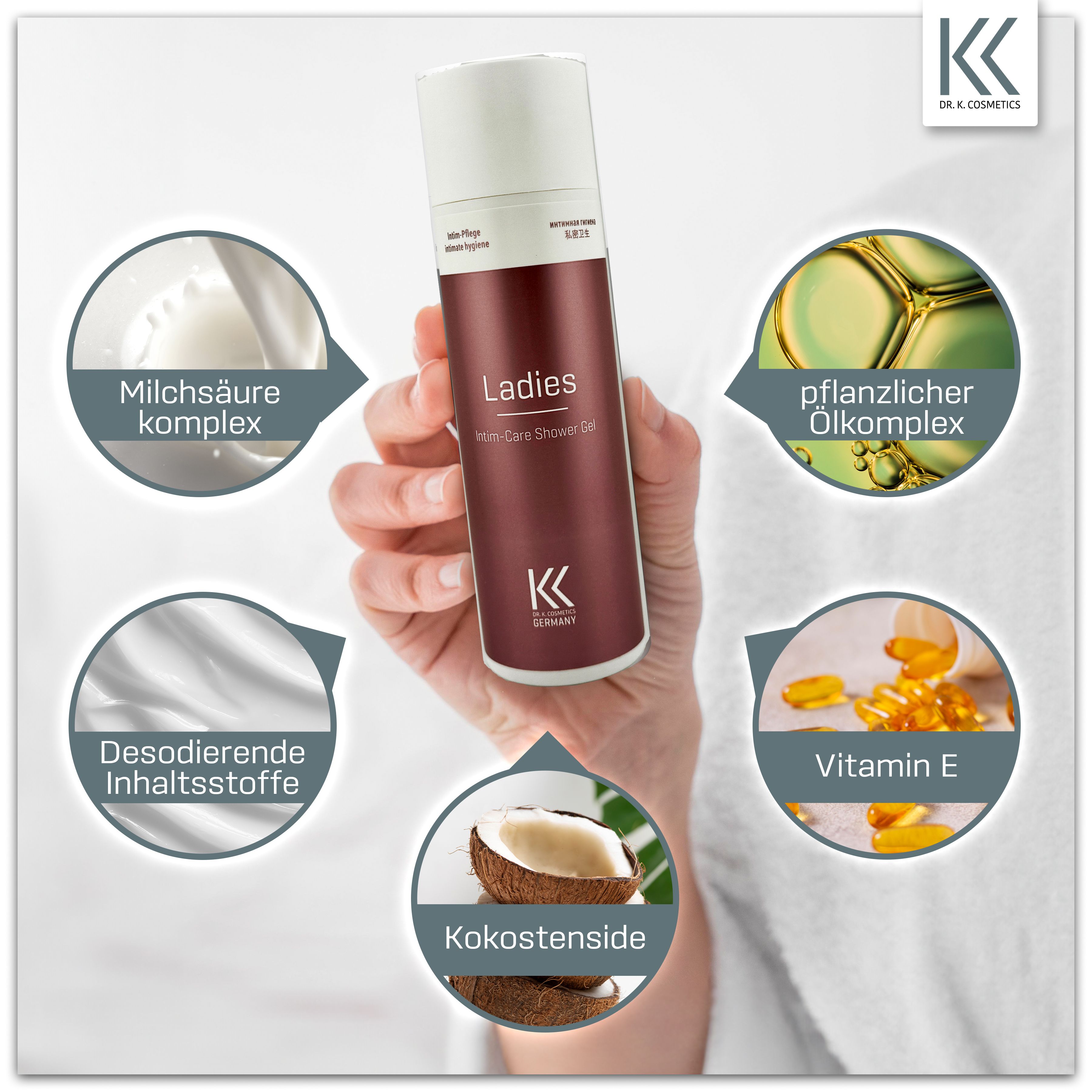 Flasche "Ladies Intim-Care Shower Gel" in Hand. Umgeben von Inhaltsstoff-Grafiken. Marke: K.K. Cosmetics Germany.