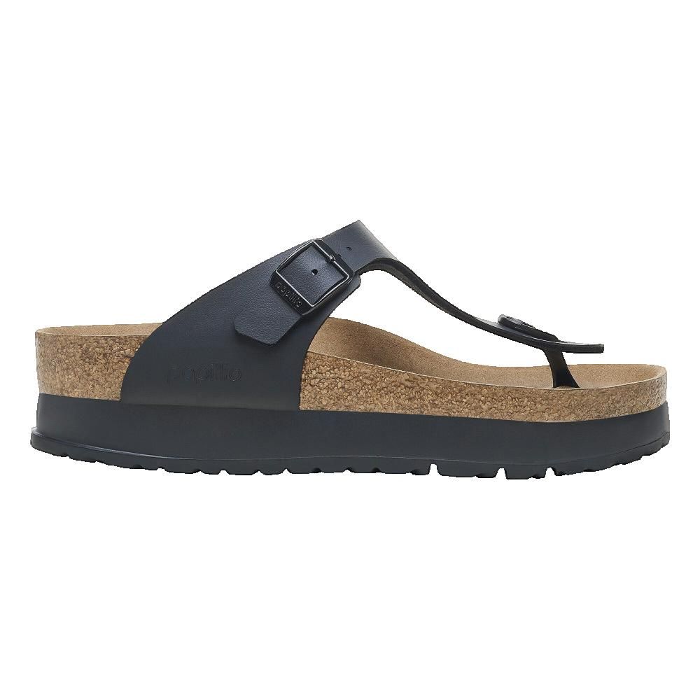 Sandalo nero con suola platform e fibbia. Plantare in sughero, pelle nera. Gizeh Flex Platform.