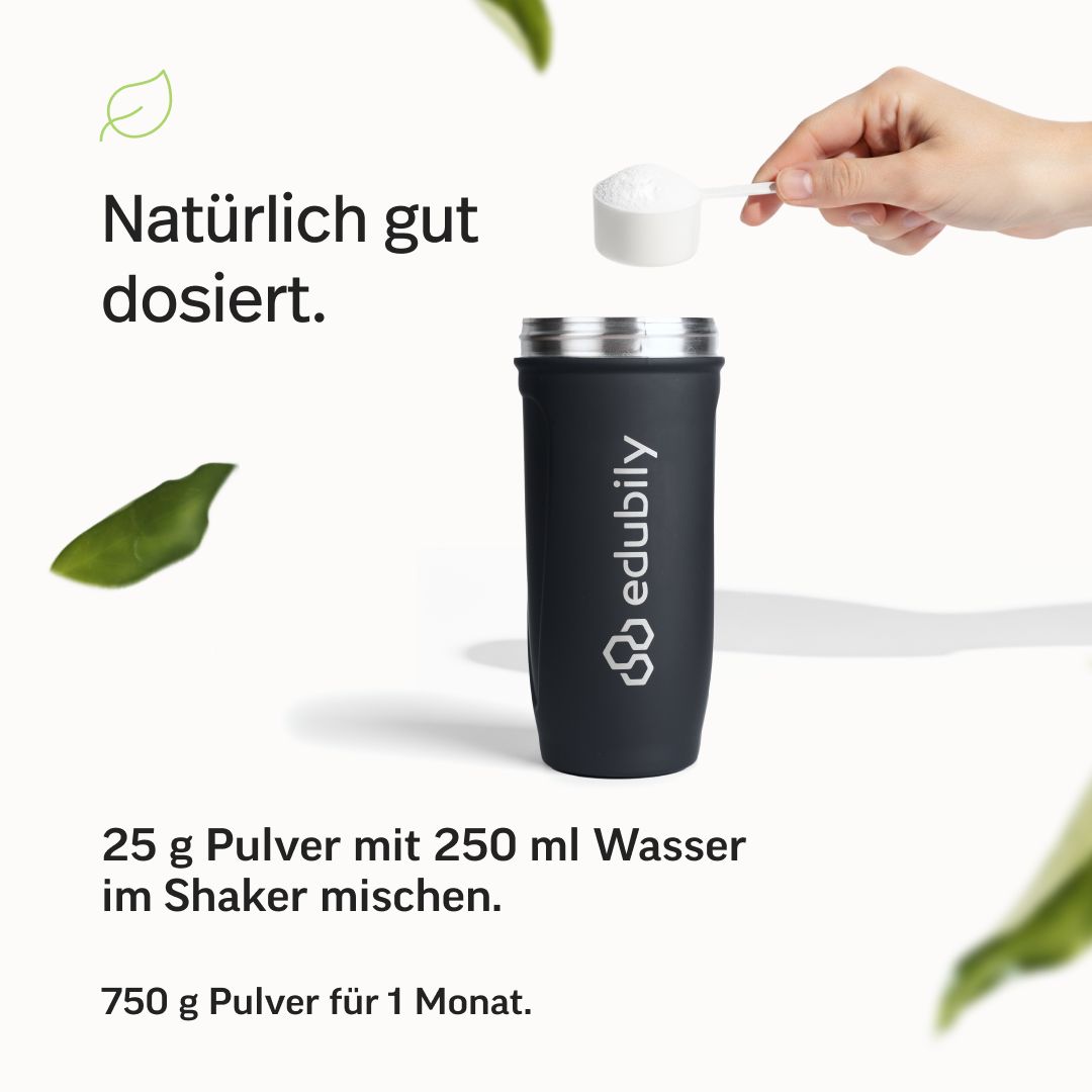 Hand gibt Pulver mit Messlöffel in edubily Shaker. 25g Pulver mit 250ml Wasser mischen. 750g Pulver für 1 Monat.