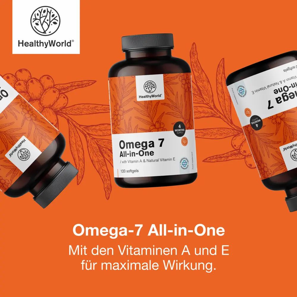 Omega 7 All-in-One Flasche. 120 Weichkapseln. Marke HealthyWorld.