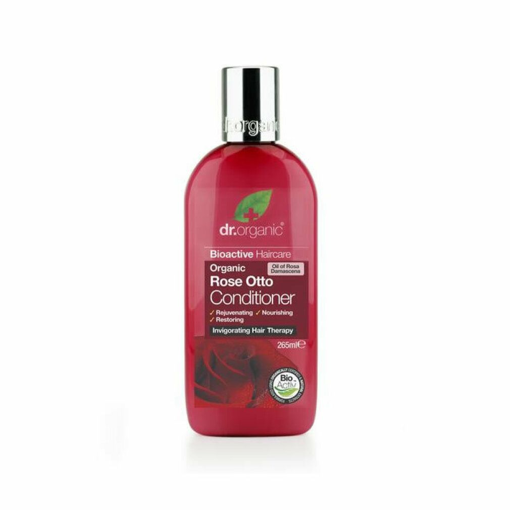 Rote Flasche mit Conditioner. Aufschrift: Organic Rose Otto Conditioner. Bio-Zertifizierung. 265ml.