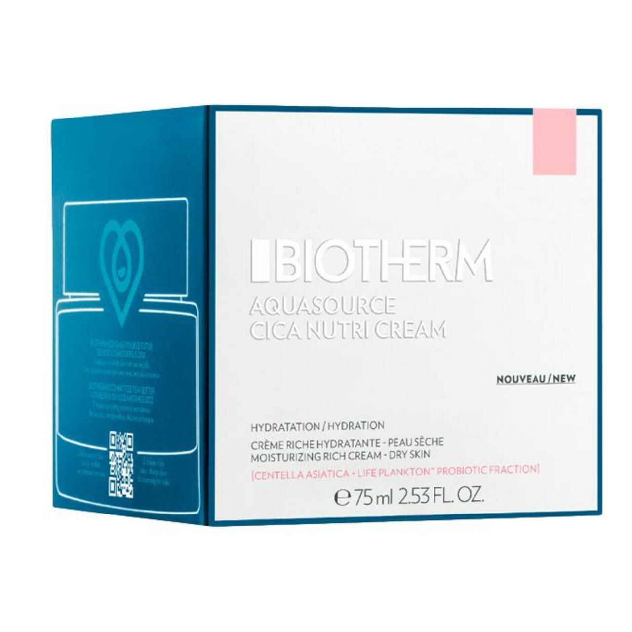 Verpackung. Aufschrift: BIOTHERM, Aquasource Cica Nutri Cream. Text: Hydratation / Hydration, Crème riche hydratante.