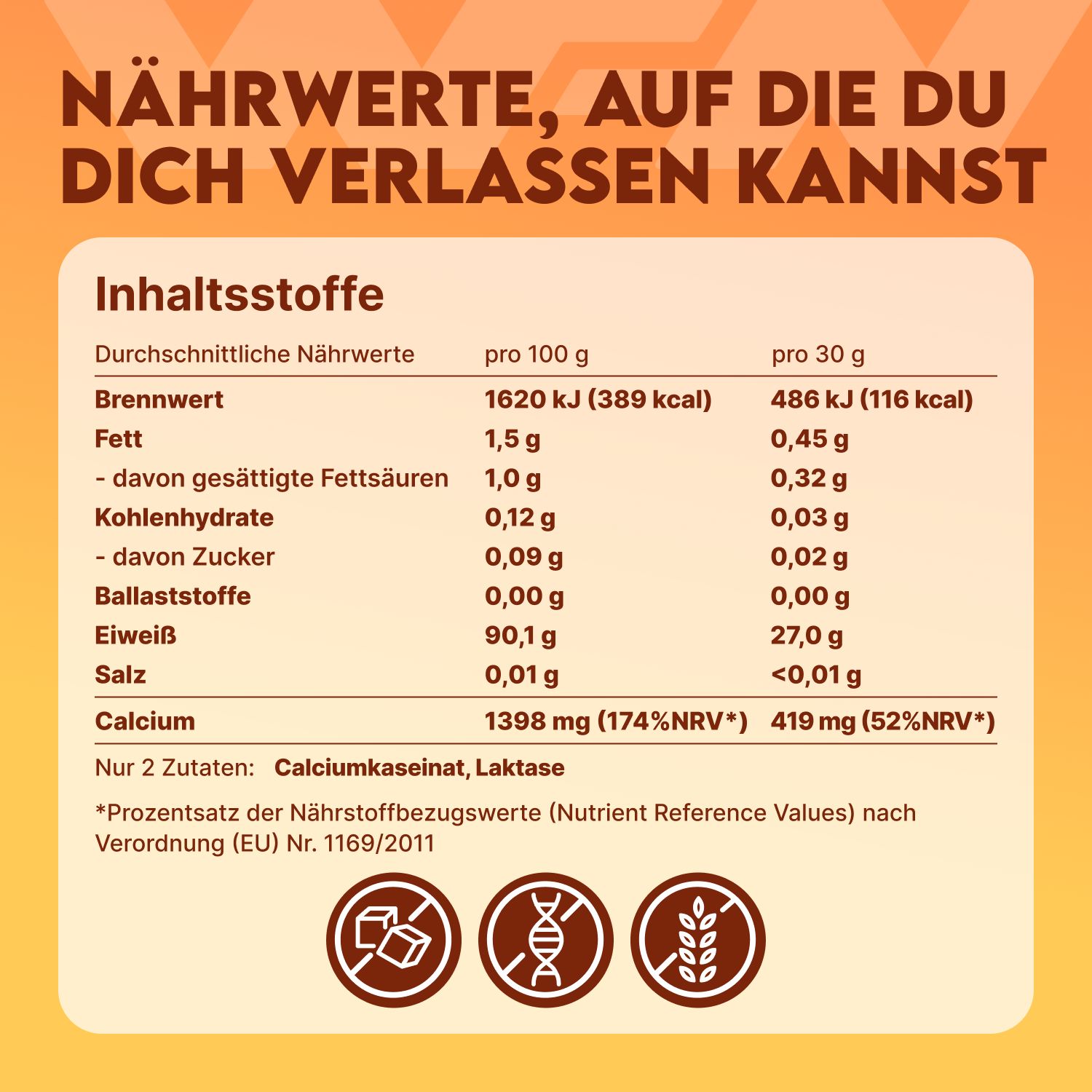 Nährwerttabelle. Text: Brennwert, Fett, Kohlenhydrate, Zucker, Ballaststoffe, Eiweiß, Salz, Calcium. Nährwertangaben pro 100g und 30g.