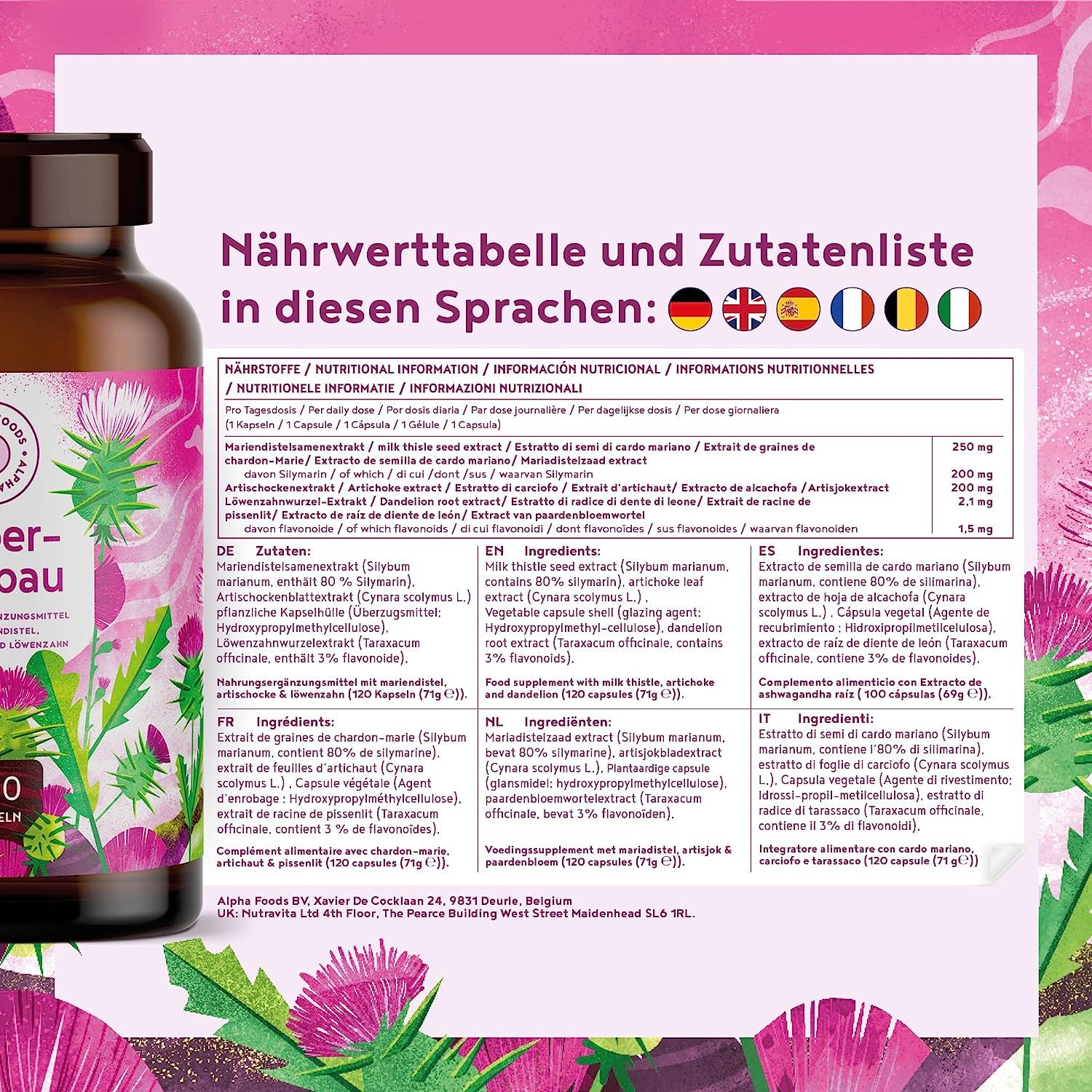 Nährwerttabelle und Zutatenliste in verschiedenen Sprachen. Enthält Informationen zu Inhaltsstoffen und Nährwerten des Produkts.